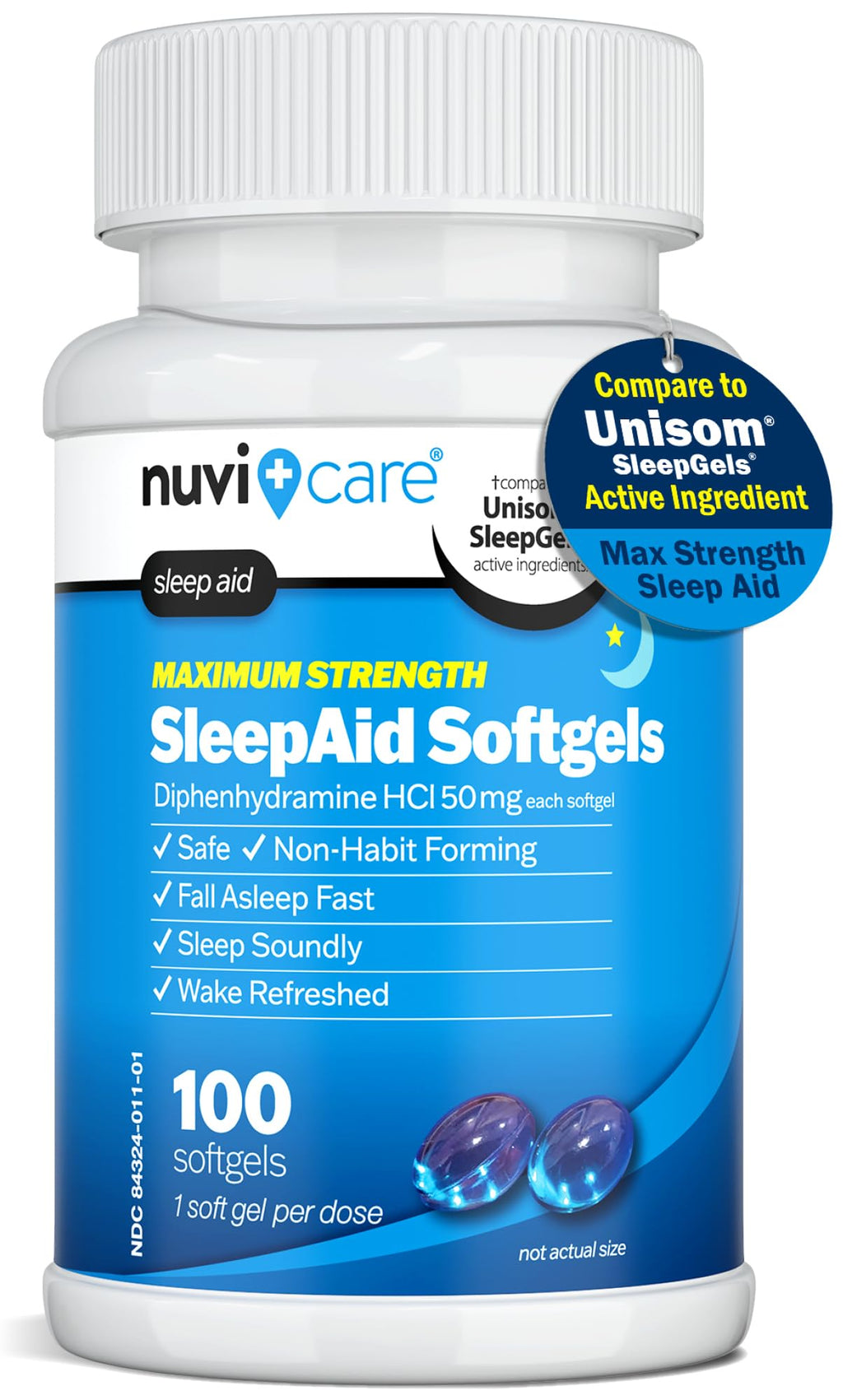 NUVICARE Maximum Strength SleepAid Soft Gels - Nighttime Sleep Aid with Diphenhydramine HCl 50mg - Non Habit Forming Sleeping Pills for Adults - Extra Strong OTC Sleep Aids for Adults (100 Count) - Maple Wellness Supplements