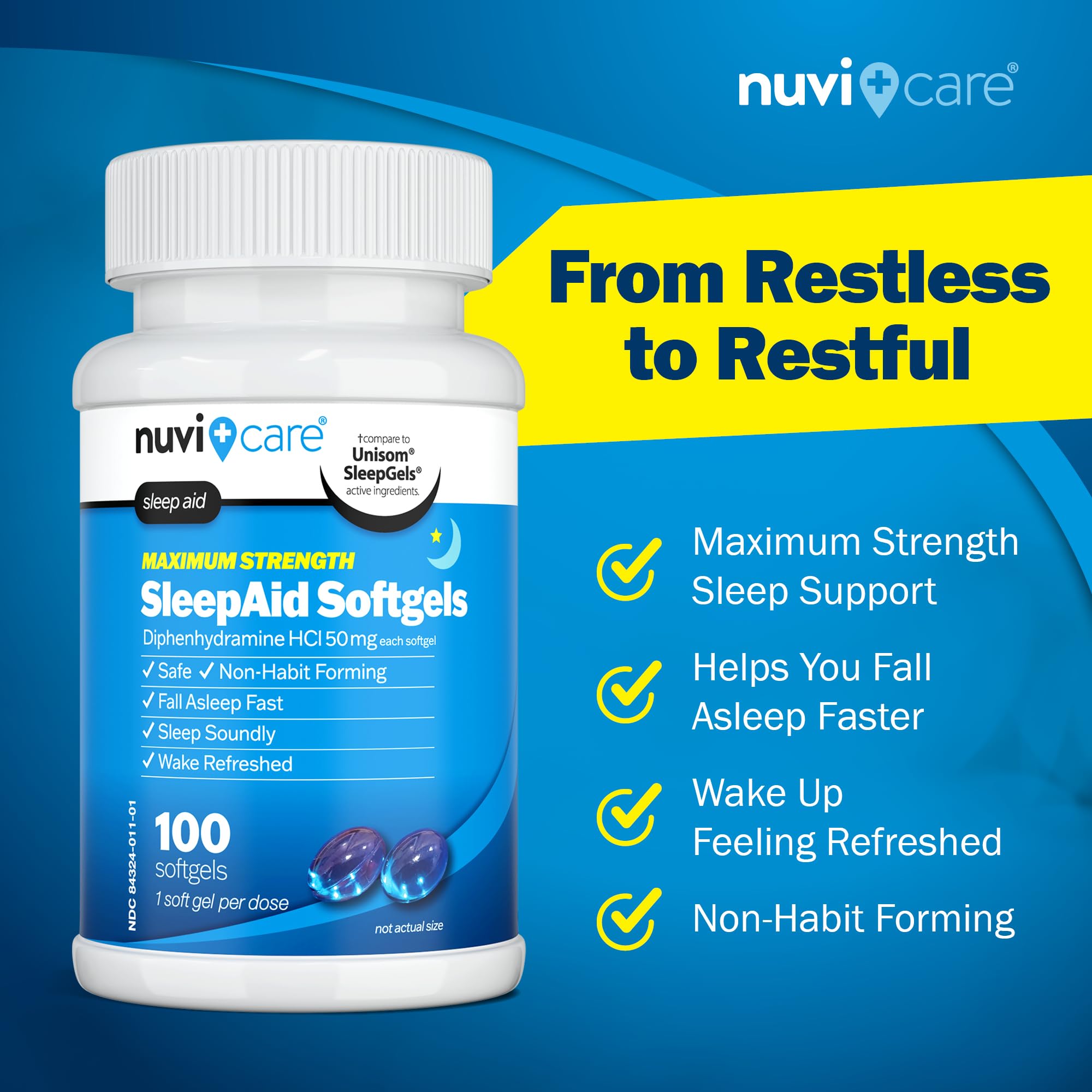 NUVICARE Maximum Strength SleepAid Soft Gels - Nighttime Sleep Aid with Diphenhydramine HCl 50mg - Non Habit Forming Sleeping Pills for Adults - Extra Strong OTC Sleep Aids for Adults (100 Count) - Maple Wellness Supplements