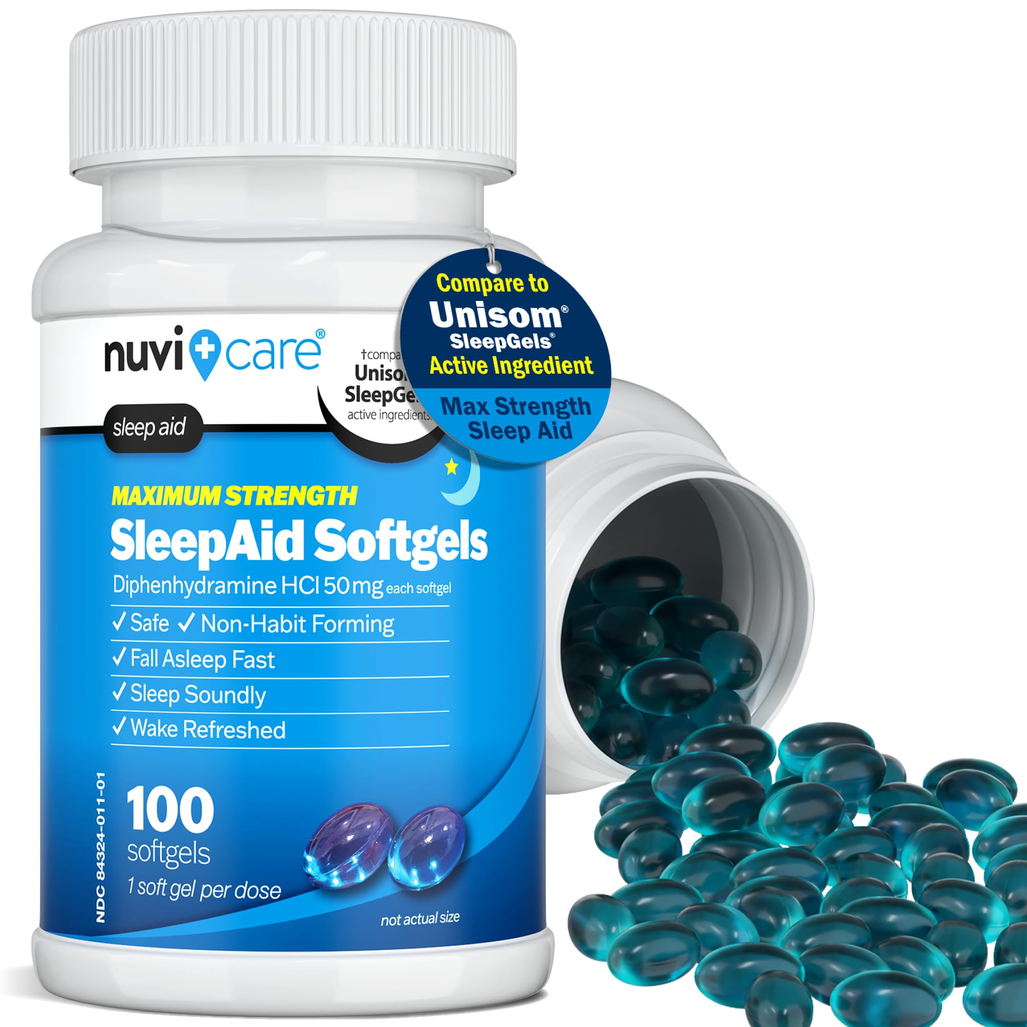 NUVICARE Maximum Strength SleepAid Soft Gels - Nighttime Sleep Aid with Diphenhydramine HCl 50mg - Non Habit Forming Sleeping Pills for Adults - Extra Strong OTC Sleep Aids for Adults (100 Count) - Maple Wellness Supplements