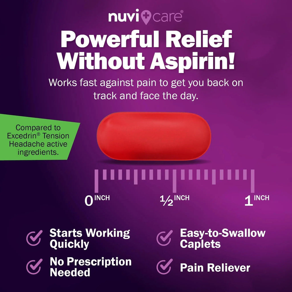 Nuvicare Tension Headache Relief Pills with 500mg Acetaminophen and 65mg Caffeine - Non Aspirin Pain Reliever Aid - Compare to Active Ingredient in Aspirin Free Excedrin Tension Headache (100 Caplets) - TrustMedUSA