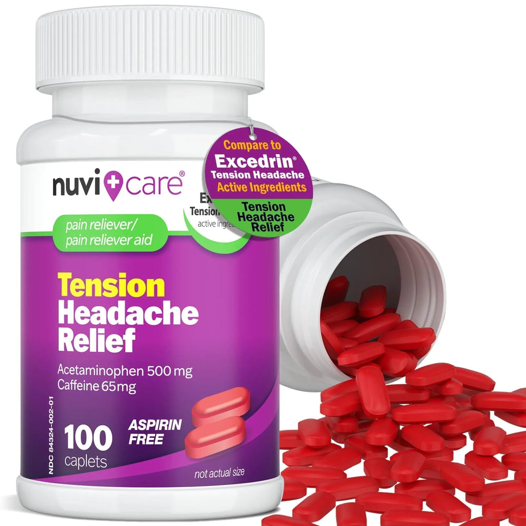 Nuvicare Tension Headache Relief Pills with 500mg Acetaminophen and 65mg Caffeine - Non Aspirin Pain Reliever Aid - Compare to Active Ingredient in Aspirin Free Excedrin Tension Headache (100 Caplets) - TrustMedUSA