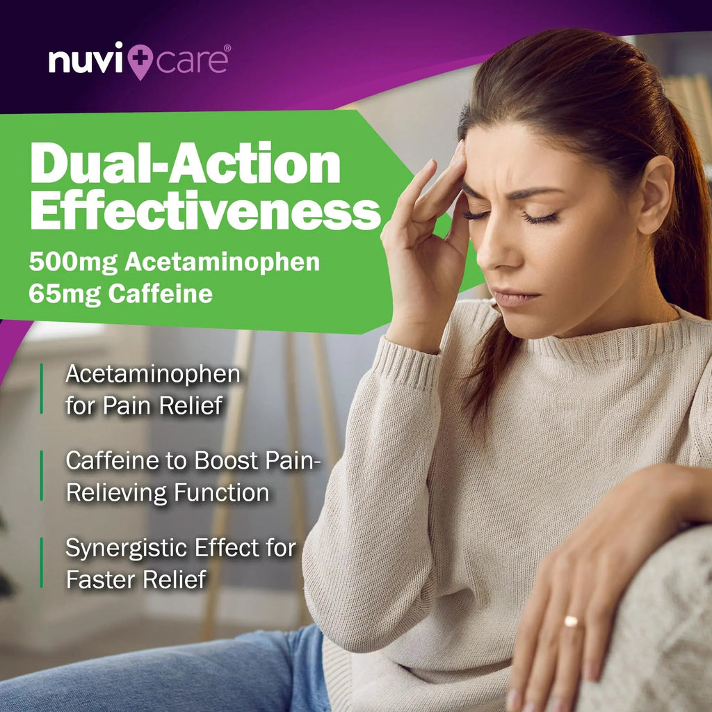 Nuvicare Tension Headache Relief Pills with 500mg Acetaminophen and 65mg Caffeine - Non Aspirin Pain Reliever Aid - Compare to Active Ingredient in Aspirin Free Excedrin Tension Headache (100 Caplets) - TrustMedUSA