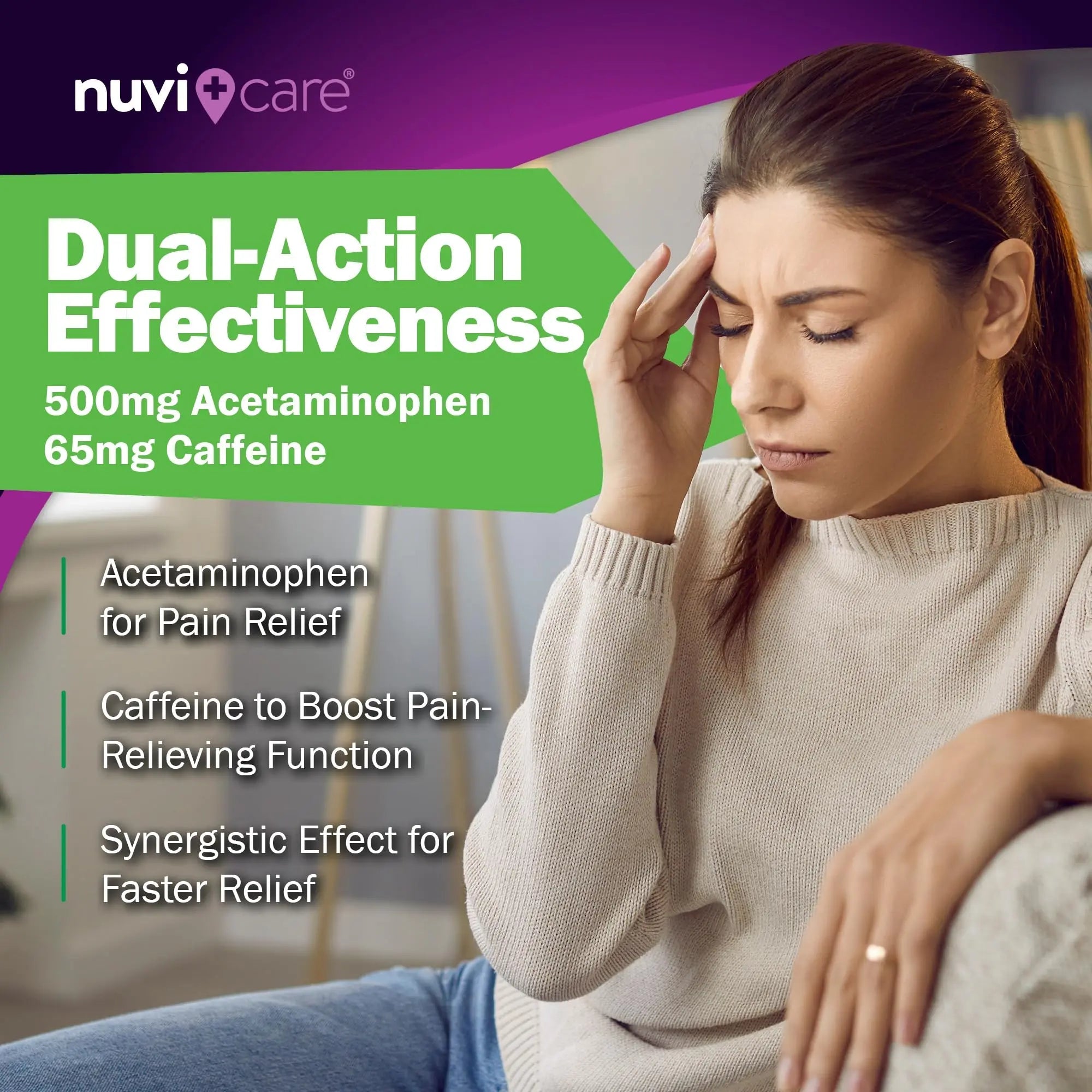 Nuvicare Tension Headache Relief Pills with 500mg Acetaminophen and 65mg Caffeine - Non Aspirin Pain Reliever Aid - Compare to Active Ingredient in Aspirin Free Excedrin Tension Headache (100 Caplets) - TrustMedUSA