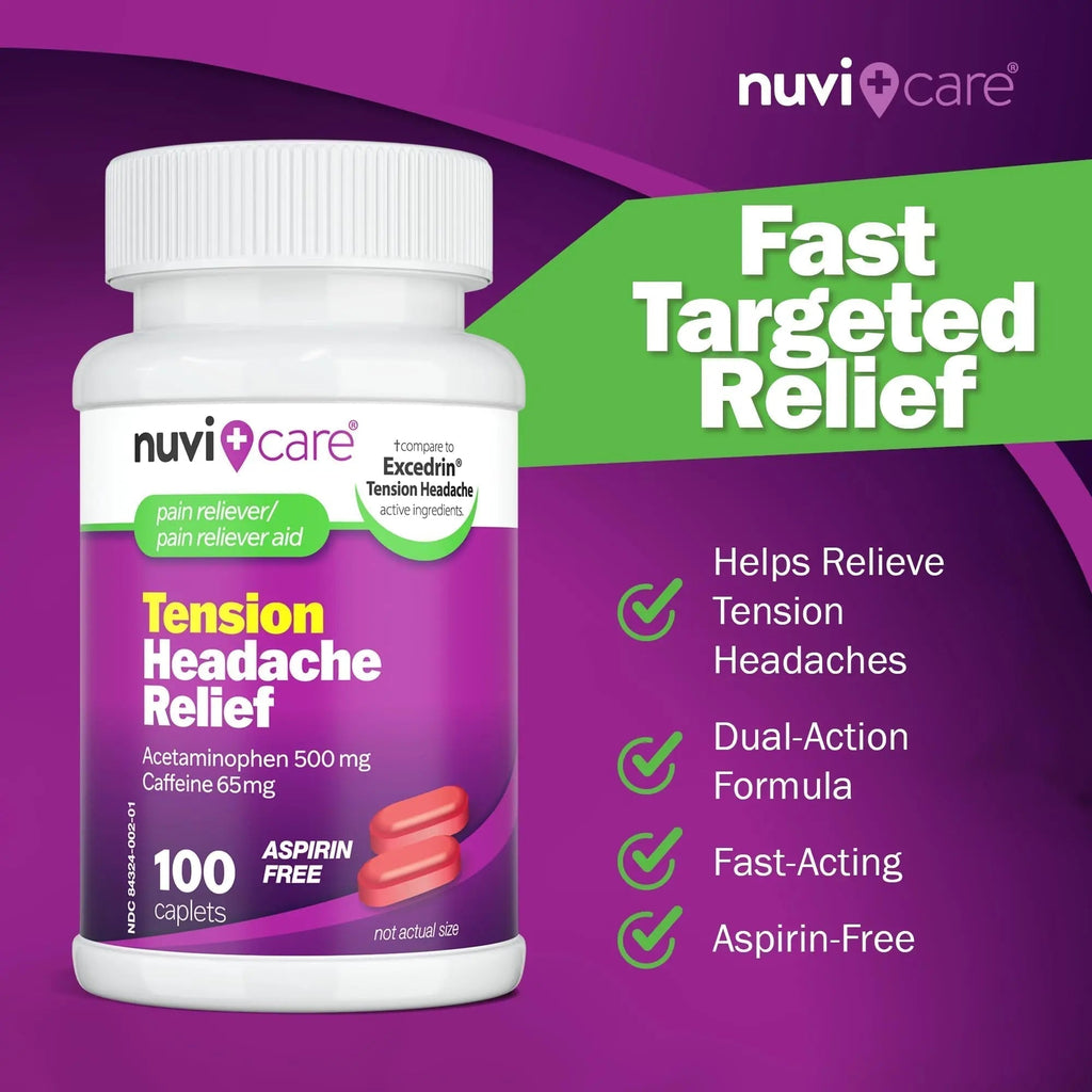 Nuvicare Tension Headache Relief Pills with 500mg Acetaminophen and 65mg Caffeine - Non Aspirin Pain Reliever Aid - Compare to Active Ingredient in Aspirin Free Excedrin Tension Headache (100 Caplets) - TrustMedUSA