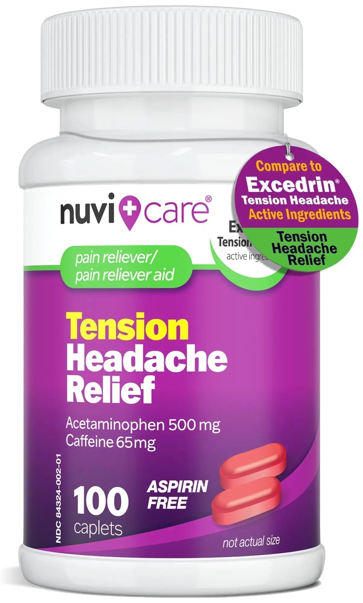 Nuvicare Tension Headache Relief Pills with 500mg Acetaminophen and 65mg Caffeine - Non Aspirin Pain Reliever Aid - Compare to Active Ingredient in Aspirin Free Excedrin Tension Headache (100 Caplets) - TrustMedUSA