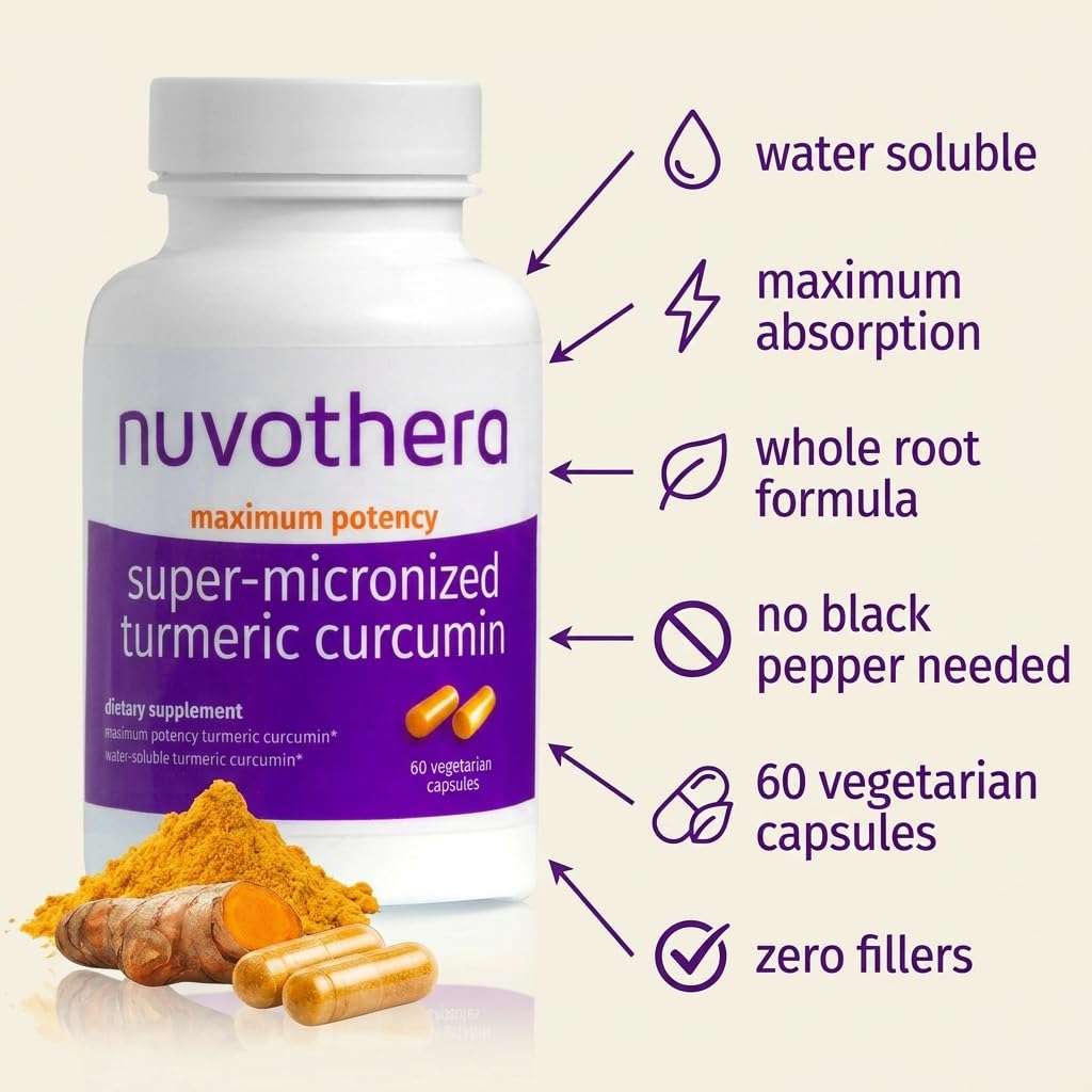 Nuvothera Super-Micronized Turmeric Curcumin Capsules Rapid Absorption, Whole Root, Non-GMO, Skin, Gut Health & Antioxidants (1 Month Pack (60 Capsules)) - Maple Wellness Supplements