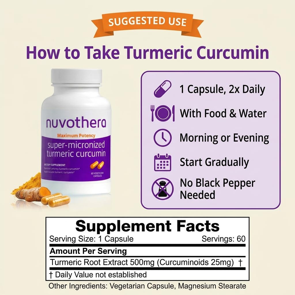 Nuvothera Super-Micronized Turmeric Curcumin Capsules Rapid Absorption, Whole Root, Non-GMO, Skin, Gut Health & Antioxidants (1 Month Pack (60 Capsules)) - Maple Wellness Supplements