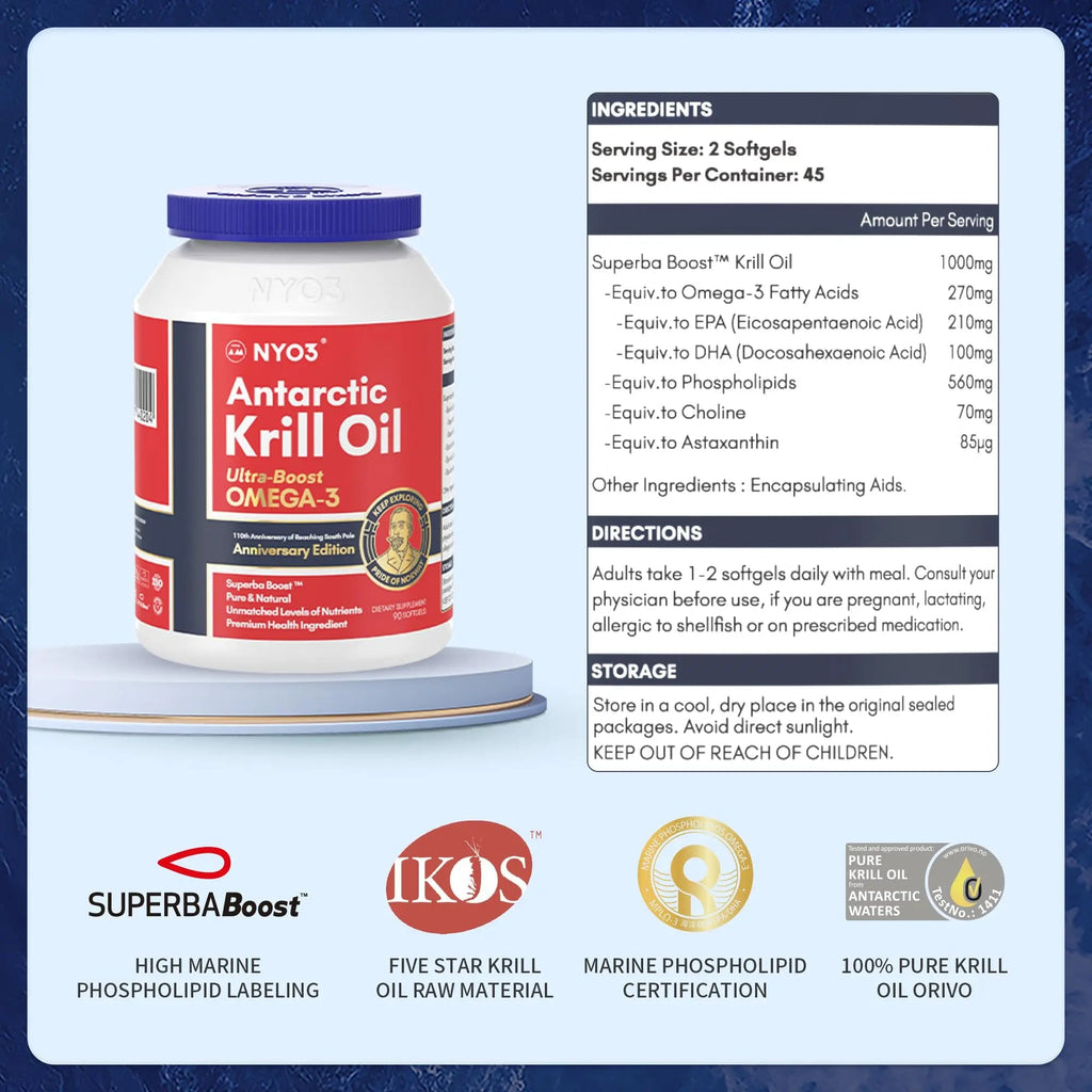 NYO3 Antarctic Krill Oil 1000mg Omega 3 Supplement, EPA & DHA, 90 Softgels Astaxanthin - TrustMedUSA