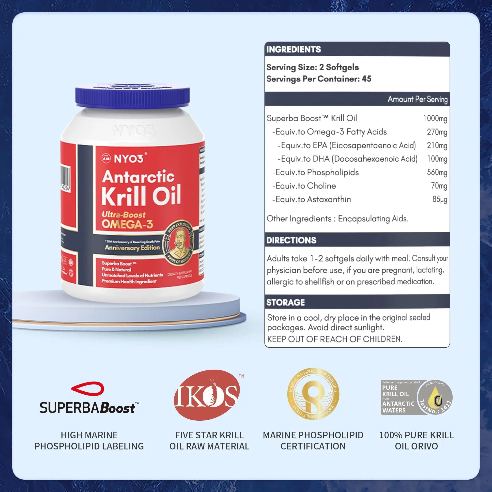 NYO3 Antarctic Krill Oil 1000mg Omega 3 Supplement, EPA & DHA, 90 Softgels Astaxanthin - TrustMedUSA