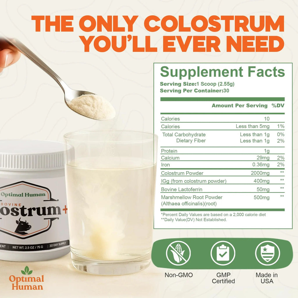 O H Optimal Human Bovine Colostrum Powder with Marshmallow Root – Gut & Immune Support Colostrum Supplement Capsules with IgG & Protein – Non-GMO, GMP Certified, Made in USA – Unflavored 30 Servings - TrustMedUSA