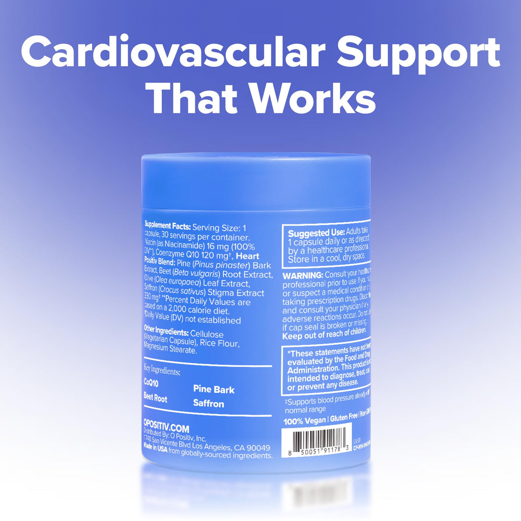 O Positiv MENO Heart + Blood Pressure Support Capsules – Daily Support for Healthy Circulation, Stress Management & Blood Pressure – with CoQ10, Beets, Pine Bark & Saffron – 30 Servings - TrustMedUSA