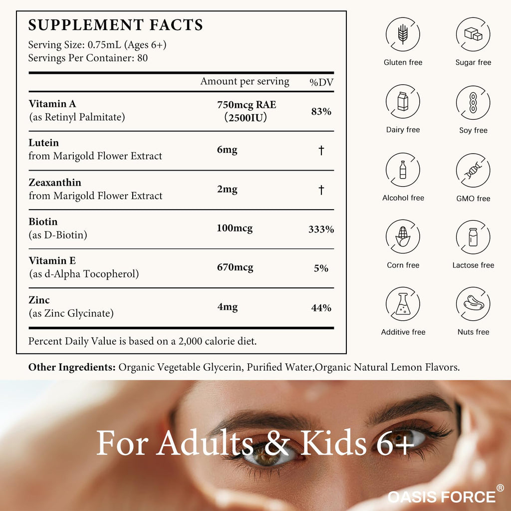 OASIS FORCE 6 in 1 Vitamin A Liquid Drops with Lutein & Zeaxanthin, Vita A Retinyl Palmitate for Skin, Vision & Immune Support, Adults & Kids Ages 6+, Vegan, Non-GMO, 2 Fl Oz - TrustMedUSA