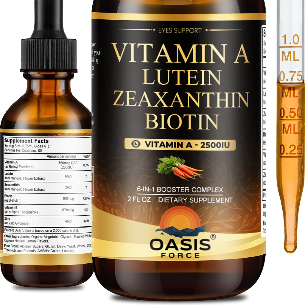 OASIS FORCE 6 in 1 Vitamin A Liquid Drops with Lutein & Zeaxanthin, Vita A Retinyl Palmitate for Skin, Vision & Immune Support, Adults & Kids Ages 6+, Vegan, Non-GMO, 2 Fl Oz - TrustMedUSA