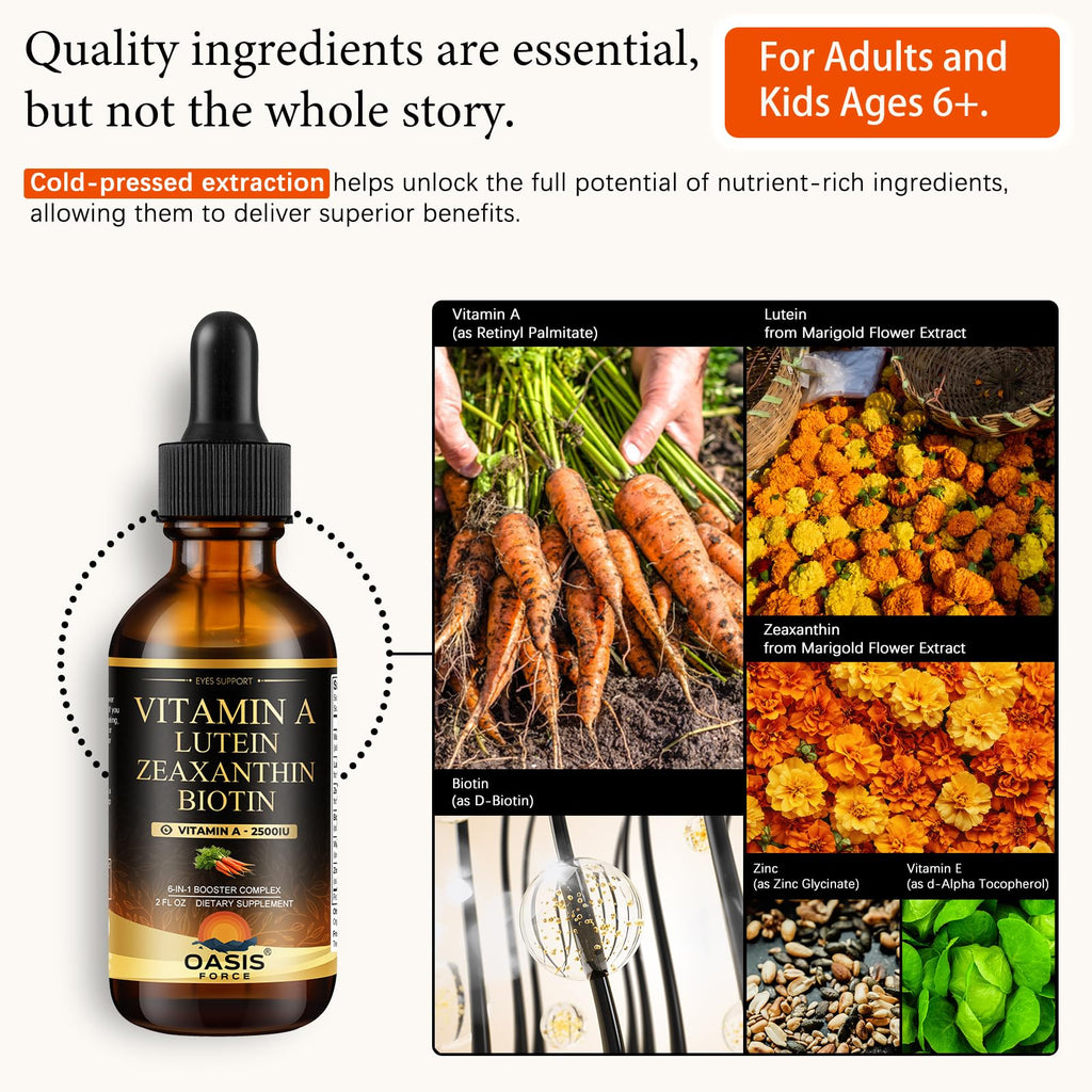 OASIS FORCE 6 in 1 Vitamin A Liquid Drops with Lutein & Zeaxanthin, Vita A Retinyl Palmitate for Skin, Vision & Immune Support, Adults & Kids Ages 6+, Vegan, Non-GMO, 2 Fl Oz - TrustMedUSA