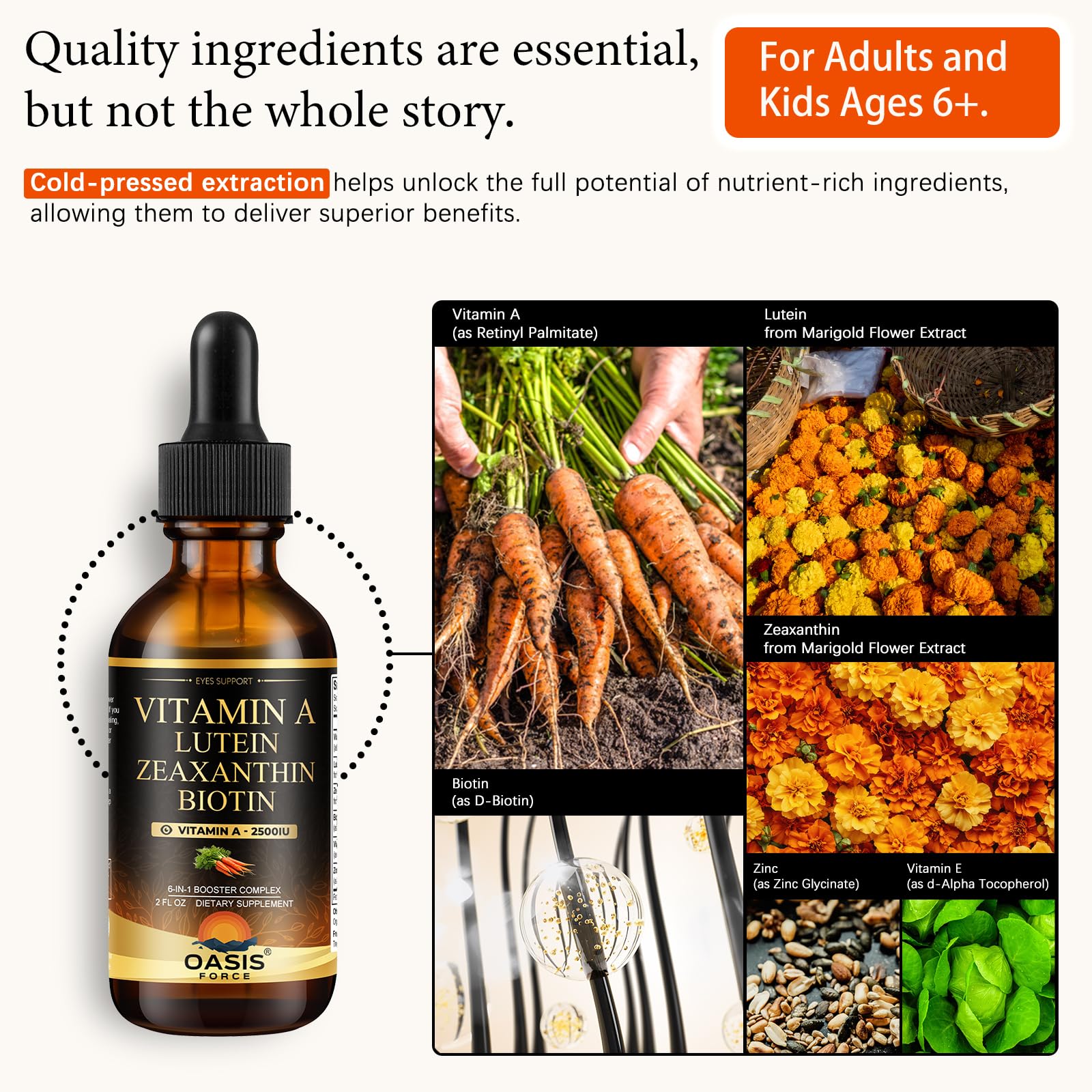 OASIS FORCE 6 in 1 Vitamin A Liquid Drops with Lutein & Zeaxanthin, Vita A Retinyl Palmitate for Skin, Vision & Immune Support, Adults & Kids Ages 6+, Vegan, Non-GMO, 2 Fl Oz - TrustMedUSA