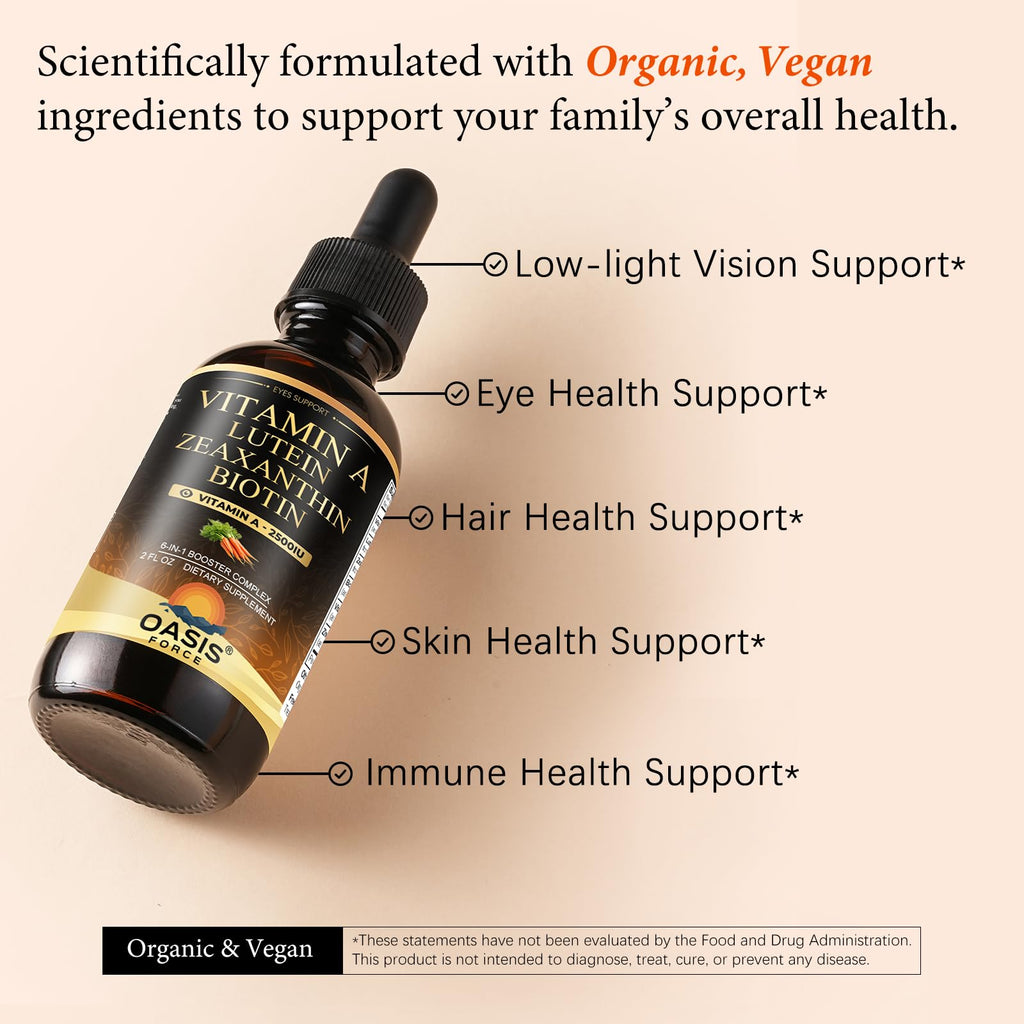 OASIS FORCE 6 in 1 Vitamin A Liquid Drops with Lutein & Zeaxanthin, Vita A Retinyl Palmitate for Skin, Vision & Immune Support, Adults & Kids Ages 6+, Vegan, Non-GMO, 2 Fl Oz - TrustMedUSA