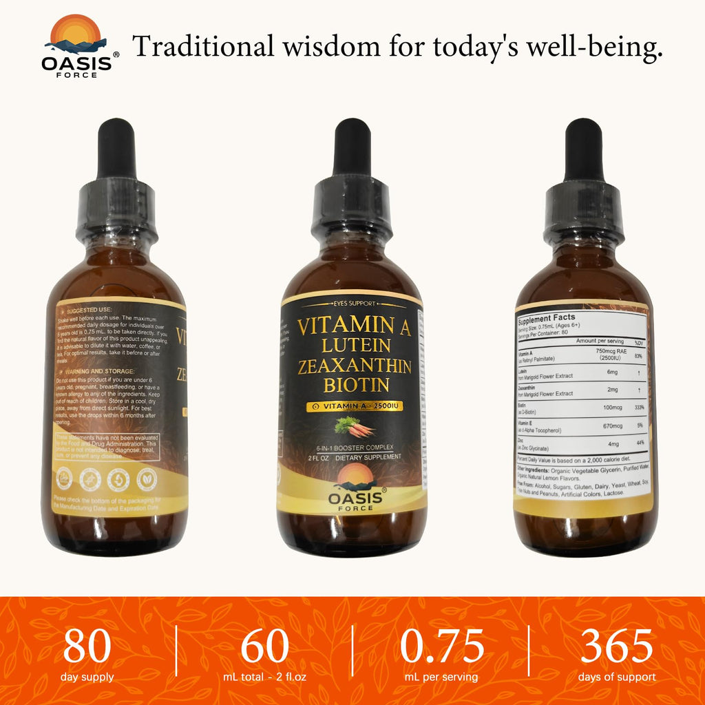 OASIS FORCE 6 in 1 Vitamin A Liquid Drops with Lutein & Zeaxanthin, Vita A Retinyl Palmitate for Skin, Vision & Immune Support, Adults & Kids Ages 6+, Vegan, Non-GMO, 2 Fl Oz - TrustMedUSA