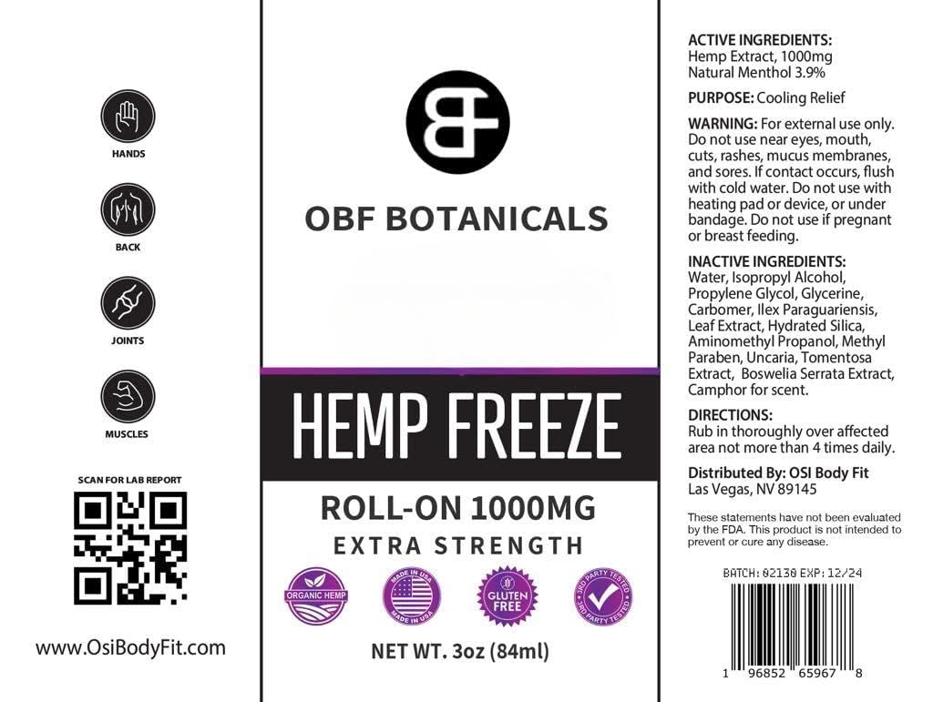 OBF Botanicals Hemp Roll On 3 Oz Instant Effect Topical Pain Relief Hemp Extract and Menthol Concentrated Roll On for Aching Muscles, Joint Relief, Ligaments - 1000mg - TrustMedUSA