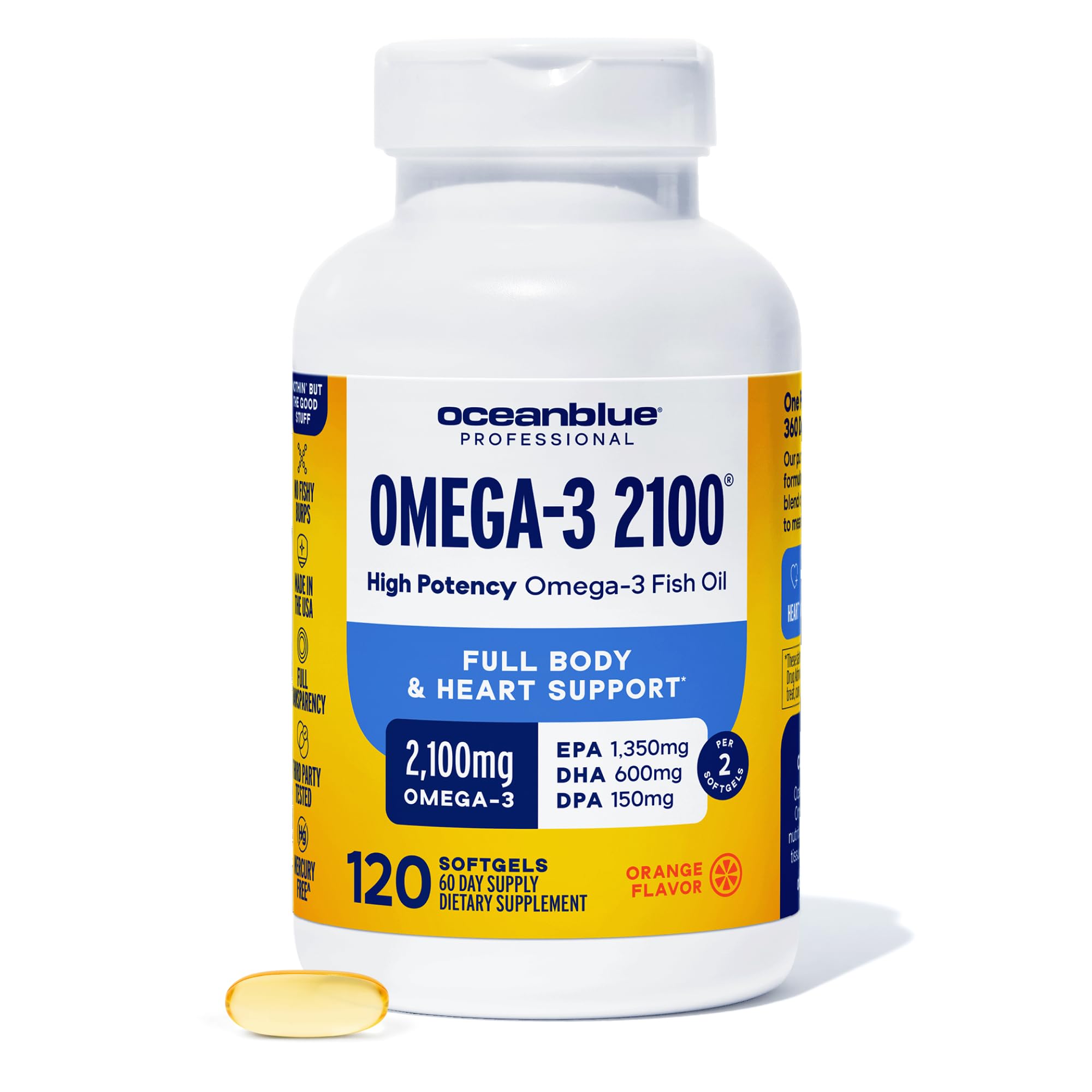 Oceanblue Professional Omega-3 2100mg Fish Oil Supplement – Triple Strength, High Potency EPA, DHA & DPA – Burpless, Wild-Caught, Natural Orange Flavor – 120 Count (Pack of 1) - TrustMedUSA