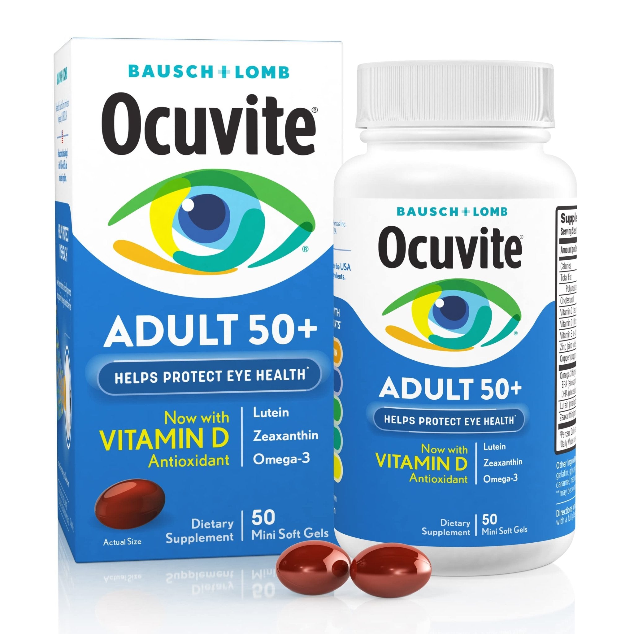 Ocuvite 50+ Eye Vitamin & Mineral Supplement, Multivitamin for Vision & Ocular Health with Omega-3, Zinc, Vitamins C & E, Lutein & Zeaxanthin, Zinc Supplements for Women and Men, 50 Softgels - TrustMedUSA