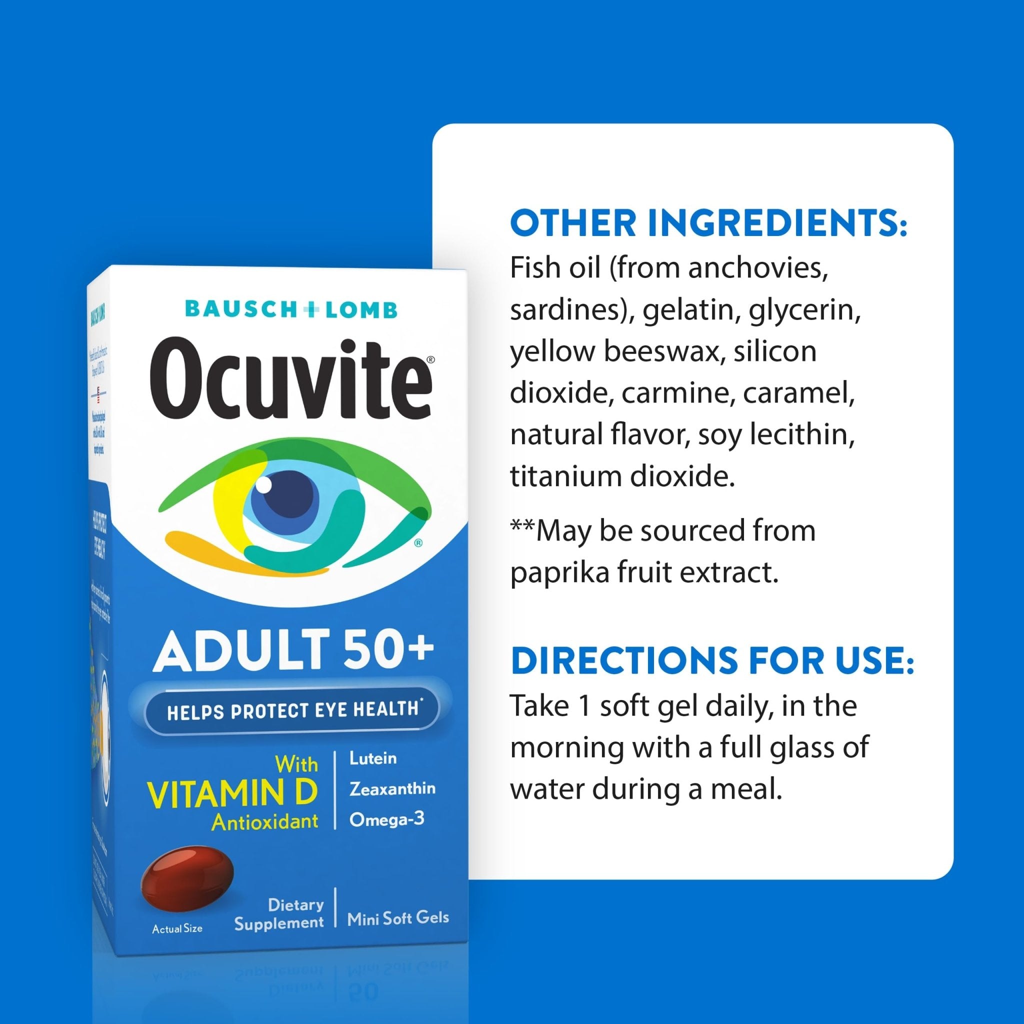 Ocuvite 50+ Eye Vitamin & Mineral Supplement, Multivitamin for Vision & Ocular Health with Omega-3, Zinc, Vitamins C & E, Lutein & Zeaxanthin, Zinc Supplements for Women and Men, 50 Softgels - TrustMedUSA