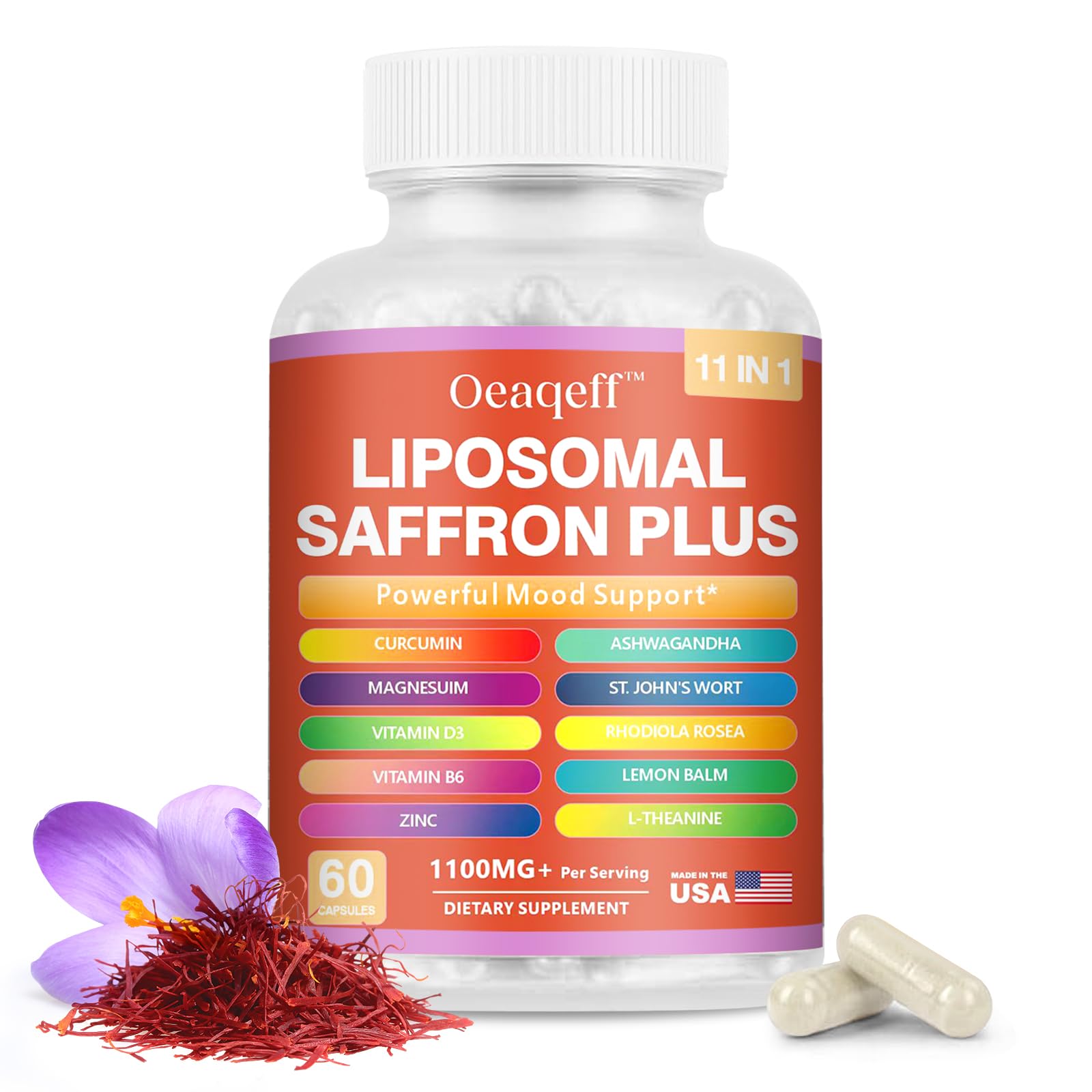 Oeaqeff Liposomal Saffron Supplements -11 in 1 100% Pure Saffron Extract 88.5 mg Maximum Absorption for Mood, Energy & Vision,Vegan, Non-GMO - 60 Vegan Capsules (1) - TrustMedUSA