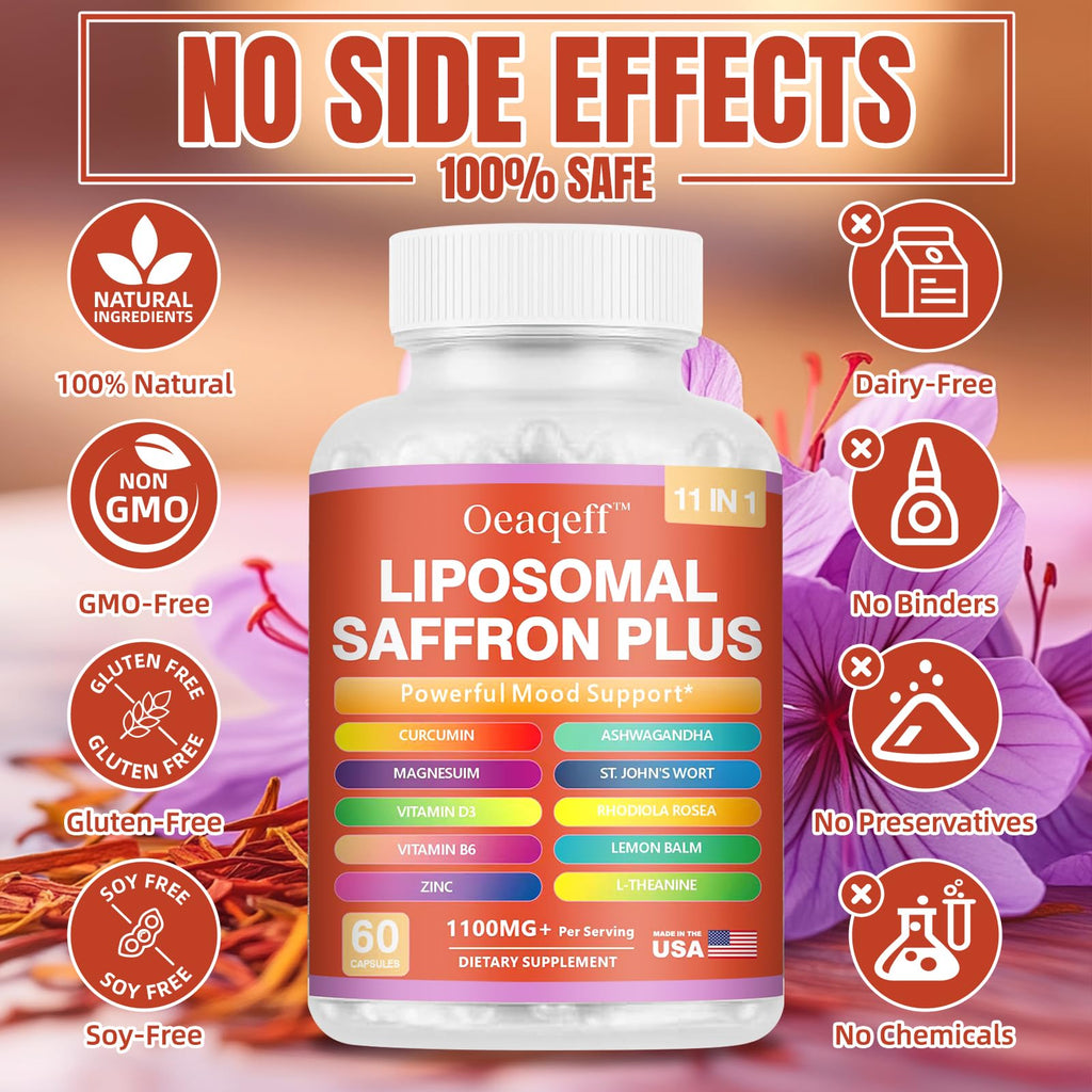 Oeaqeff Liposomal Saffron Supplements -11 in 1 100% Pure Saffron Extract 88.5 mg Maximum Absorption for Mood, Energy & Vision,Vegan, Non-GMO - 60 Vegan Capsules (1) - TrustMedUSA
