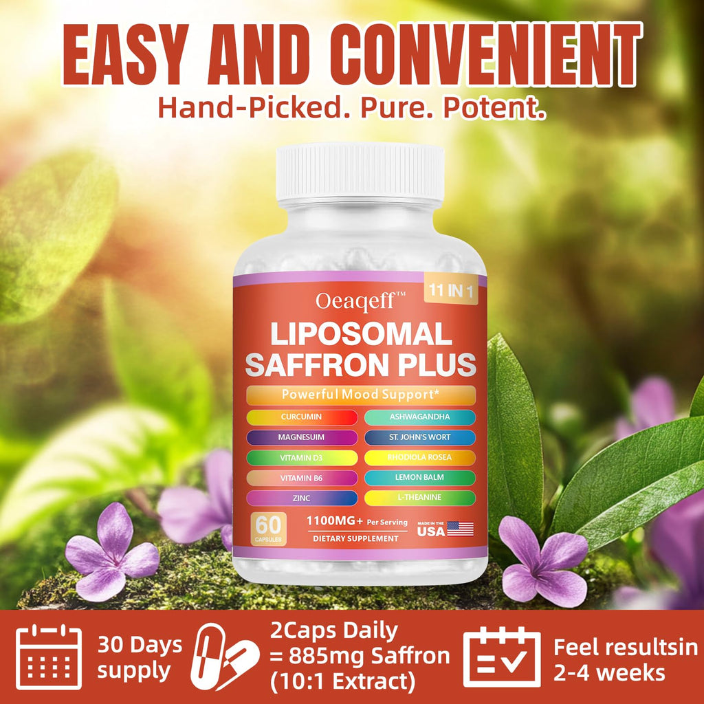Oeaqeff Liposomal Saffron Supplements -11 in 1 100% Pure Saffron Extract 88.5 mg Maximum Absorption for Mood, Energy & Vision,Vegan, Non-GMO - 60 Vegan Capsules (1) - TrustMedUSA