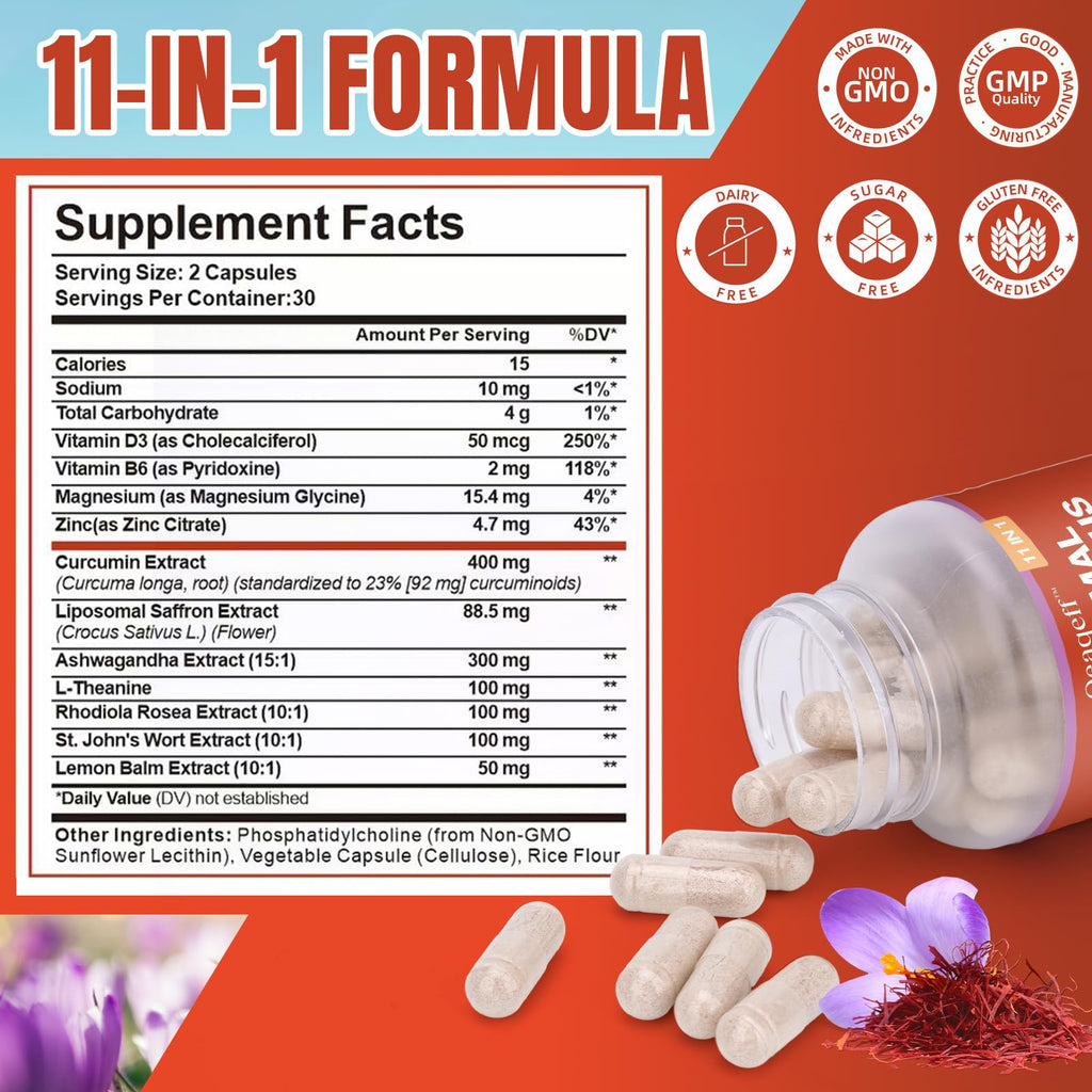 Oeaqeff Liposomal Saffron Supplements -11 in 1 100% Pure Saffron Extract 88.5 mg Maximum Absorption for Mood, Energy & Vision,Vegan, Non-GMO - 60 Vegan Capsules (1) - TrustMedUSA