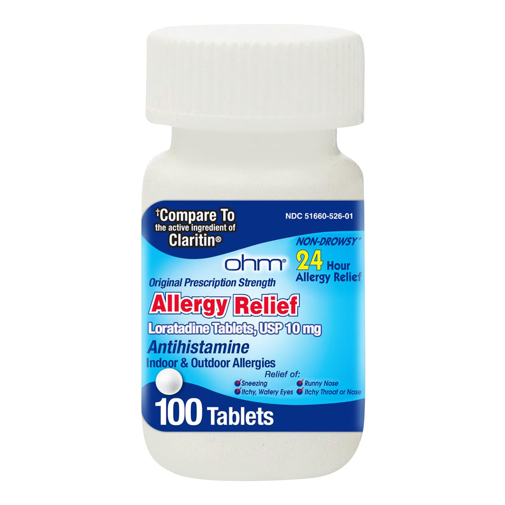 Ohm Allergy Pills - Loratadine Allergy 24 Hour Non Drowsy Relief for Seasonal Allergies, Sneezing - Loratadine 10 mg Antihistamine for Effective Non-Drowsy 24-Hour Symptom Relief - 100 Count - Maple Wellness Supplements
