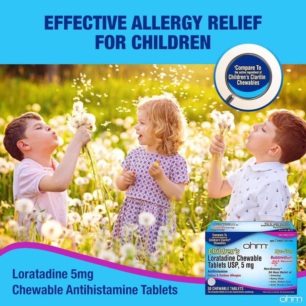 Ohm Children's Allergy Medicine, Loratadine 5mg, Chewable Tablets (30 Count) Bubblegum Flavor, Non-Drowsy Antihistamine, 24-Hour Allergy Relief for Runny Nose, Watery Eyes, Itchy Throat & Nose - Maple Wellness Supplements