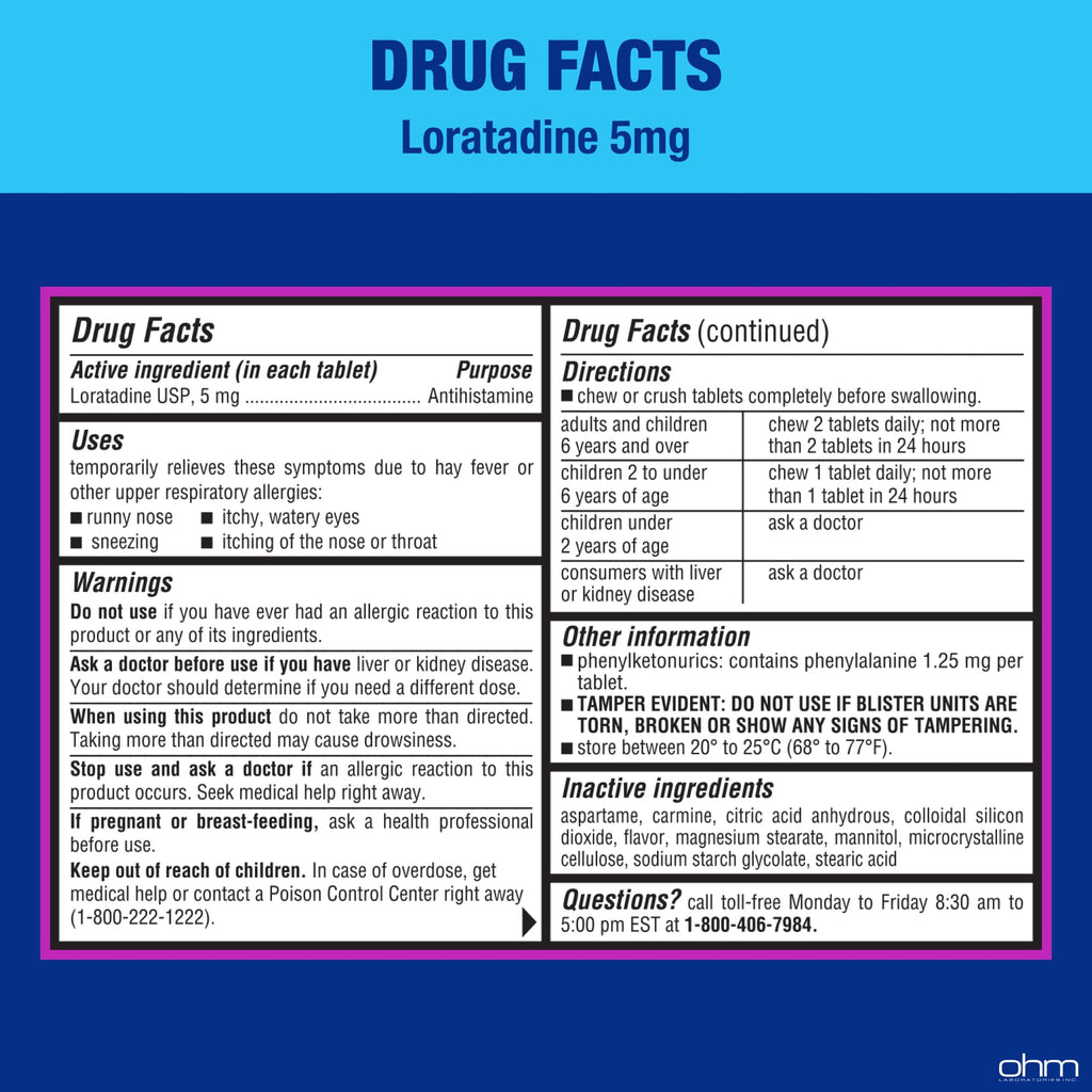Ohm Children's Allergy Medicine, Loratadine 5mg, Chewable Tablets (30 Count) Bubblegum Flavor, Non-Drowsy Antihistamine, 24-Hour Allergy Relief for Runny Nose, Watery Eyes, Itchy Throat & Nose - Maple Wellness Supplements