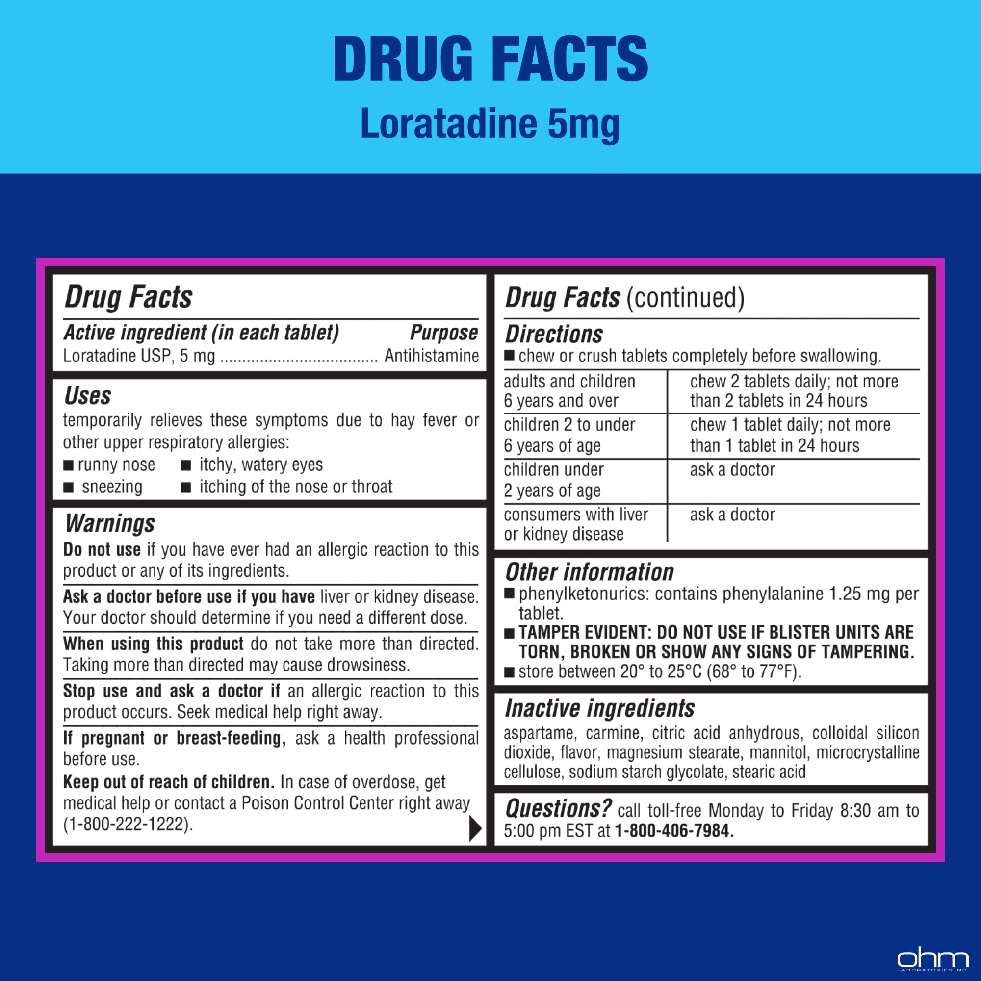 Ohm Children's Allergy Medicine, Loratadine 5mg, Chewable Tablets (30 Count) Bubblegum Flavor, Non-Drowsy Antihistamine, 24-Hour Allergy Relief for Runny Nose, Watery Eyes, Itchy Throat & Nose - Maple Wellness Supplements