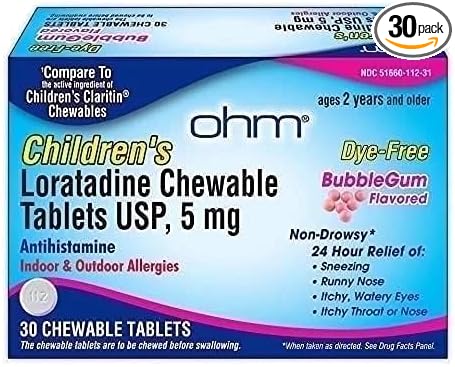 Ohm Children's Allergy Medicine, Loratadine 5mg, Chewable Tablets (30 Count) Bubblegum Flavor, Non-Drowsy Antihistamine, 24-Hour Allergy Relief for Runny Nose, Watery Eyes, Itchy Throat & Nose - Maple Wellness Supplements
