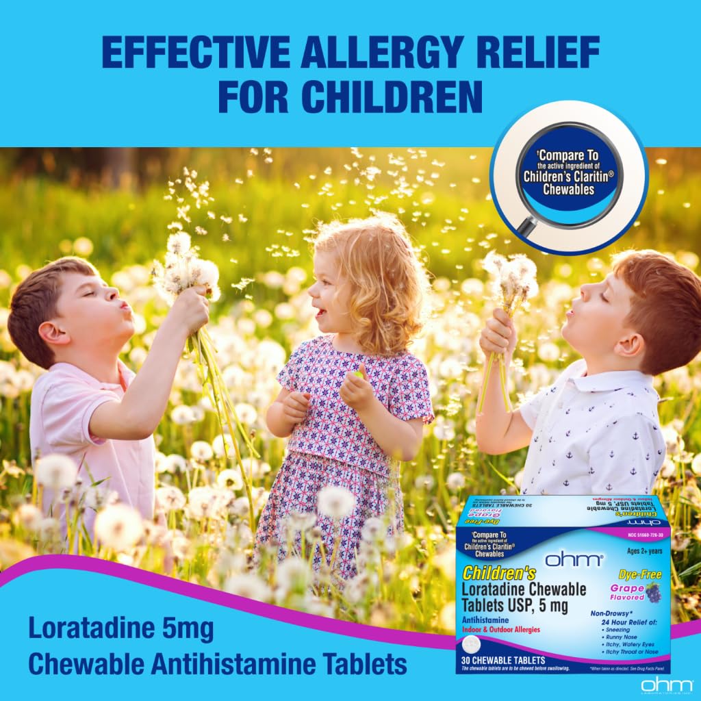 Ohm Children's Allergy Medicine, Loratadine 5mg, Chewable Tablets (30 Count) Grape Flavor, Non-Drowsy Antihistamine, 24-Hour Allergy Relief for Runny Nose, Watery Eyes, Itchy Throat & Nose - Maple Wellness Supplements