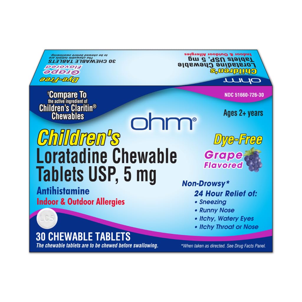 Ohm Children's Allergy Medicine, Loratadine 5mg, Chewable Tablets (30 Count) Grape Flavor, Non-Drowsy Antihistamine, 24-Hour Allergy Relief for Runny Nose, Watery Eyes, Itchy Throat & Nose - Maple Wellness Supplements