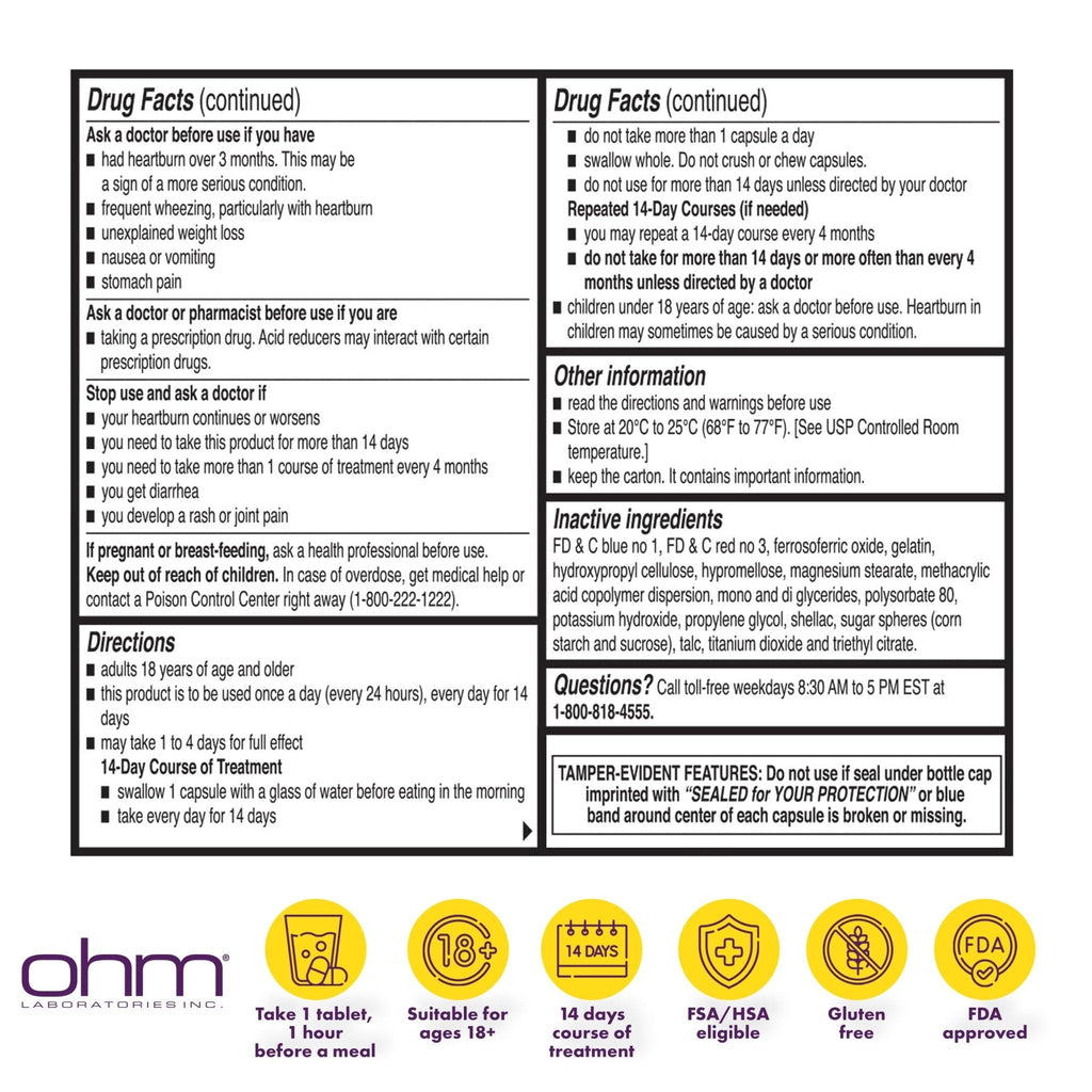 Ohm Esomeprazole Magnesium Delayed Release Capsules 20mg - Frequent Heartburn & Acid Reflux Relief, 24 Hour Chest & Stomach Acid Reducer (6 Weeks of Supply, 42, Count) - Maple Wellness Supplements