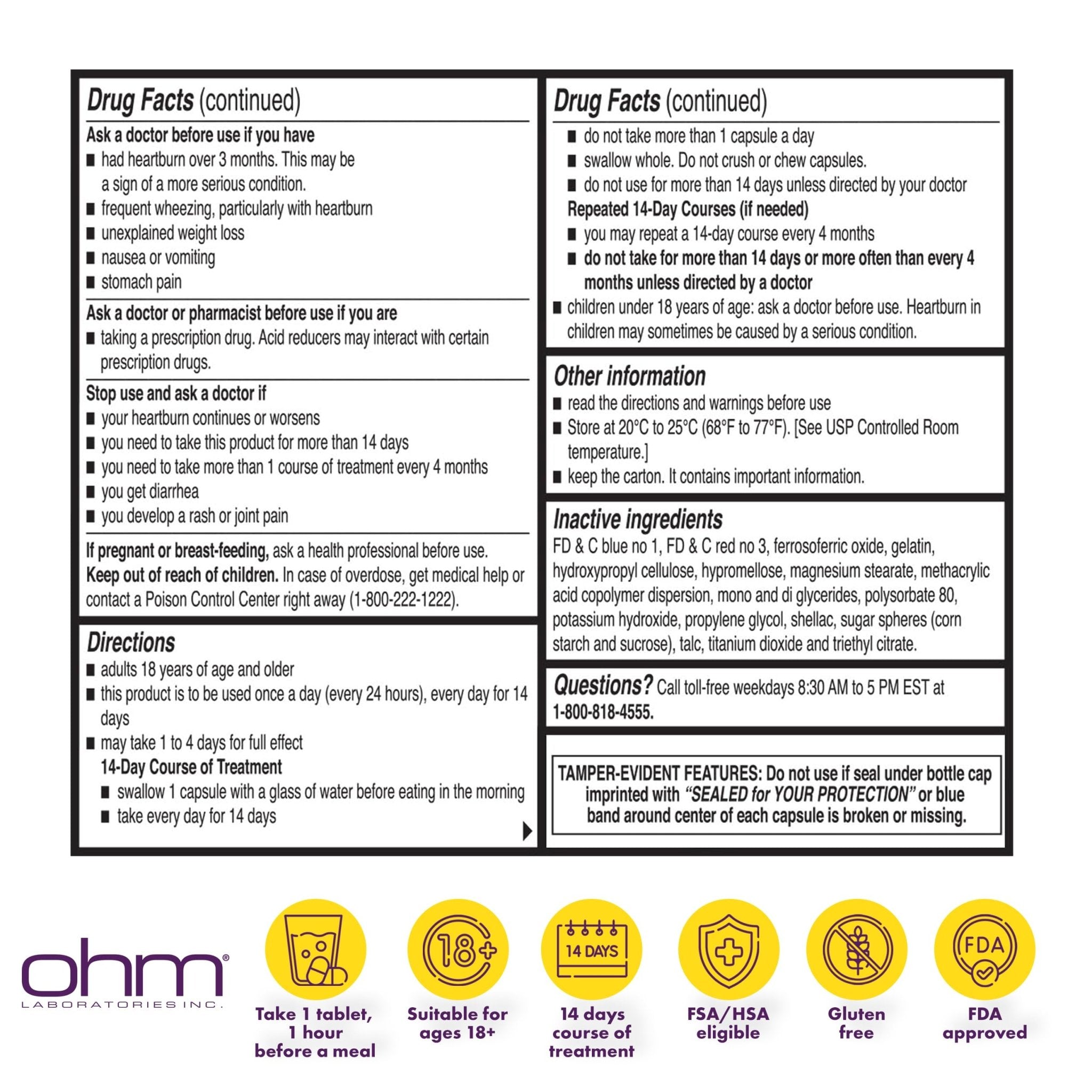 Ohm Esomeprazole Magnesium Delayed Release Capsules 20mg - Frequent Heartburn & Acid Reflux Relief, 24 Hour Chest & Stomach Acid Reducer (6 Weeks of Supply, 42, Count) - Maple Wellness Supplements
