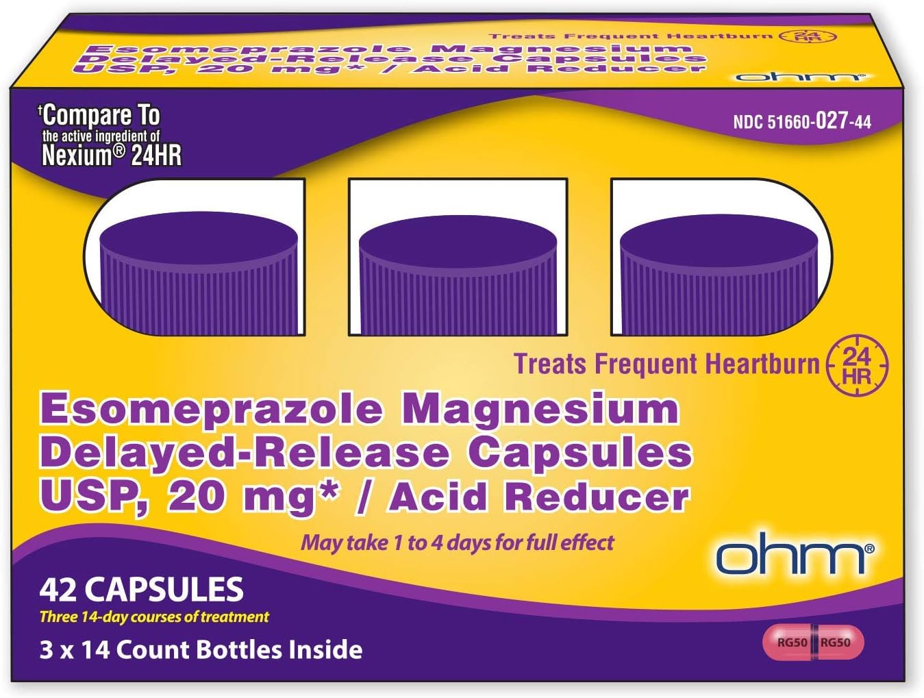 Ohm Esomeprazole Magnesium Delayed Release Capsules 20mg - Frequent Heartburn & Acid Reflux Relief, 24 Hour Chest & Stomach Acid Reducer (6 Weeks of Supply, 42, Count) - Maple Wellness Supplements