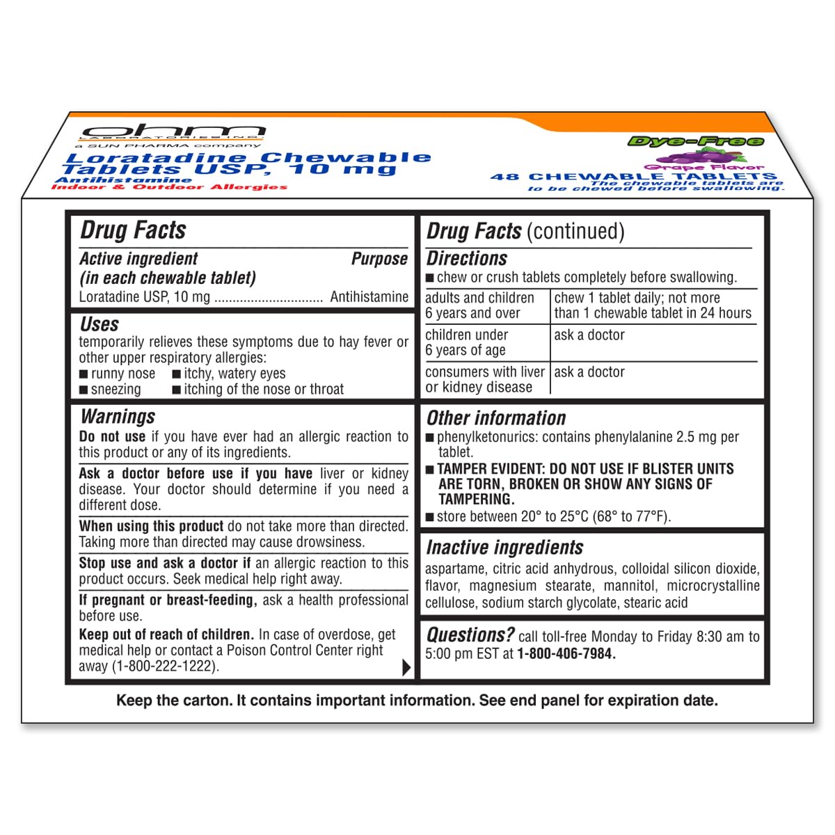Ohm Loratadine 10mg, Chewable Tablets, Non-Drowsy Antihistamine for Indoor & Outdoor Allergies | Grape Flavor, Dye-Free, Allergy Relief (Large, 48, Count) - Maple Wellness Supplements