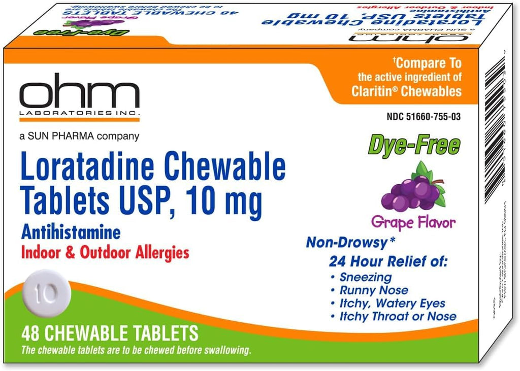 Ohm Loratadine 10mg, Chewable Tablets, Non-Drowsy Antihistamine for Indoor & Outdoor Allergies | Grape Flavor, Dye-Free, Allergy Relief (Large, 48, Count) - Maple Wellness Supplements