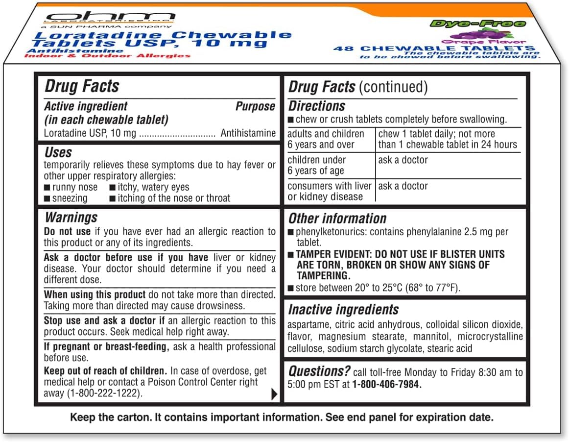 Ohm Loratadine 10mg, Chewable Tablets, Non-Drowsy Antihistamine for Indoor & Outdoor Allergies | Grape Flavor, Dye-Free, Allergy Relief (Large, 48, Count) - Maple Wellness Supplements