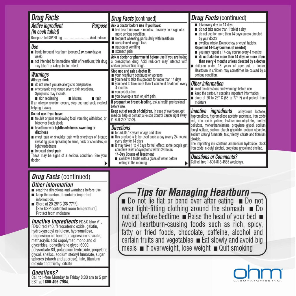 Ohm Omeprazole 20mg, 42 Delayed-Release Tablets, Acid Reducer for Frequent Heartburn, 24-Hour Relief Heartburn Medicine, Helps Relieve Stomach & Chest Discomfort (6 Weeks of Supply, 42, Count) - Maple Wellness Supplements