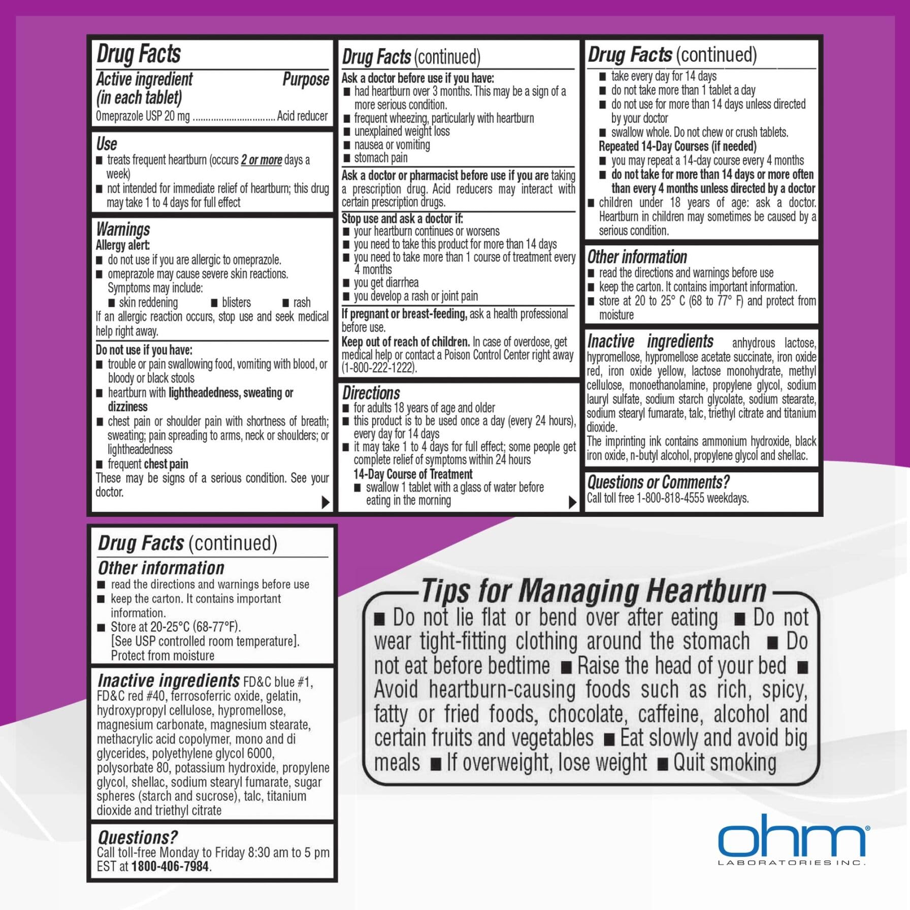 Ohm Omeprazole 20mg, 42 Delayed-Release Tablets, Acid Reducer for Frequent Heartburn, 24-Hour Relief Heartburn Medicine, Helps Relieve Stomach & Chest Discomfort (6 Weeks of Supply, 42, Count) - Maple Wellness Supplements