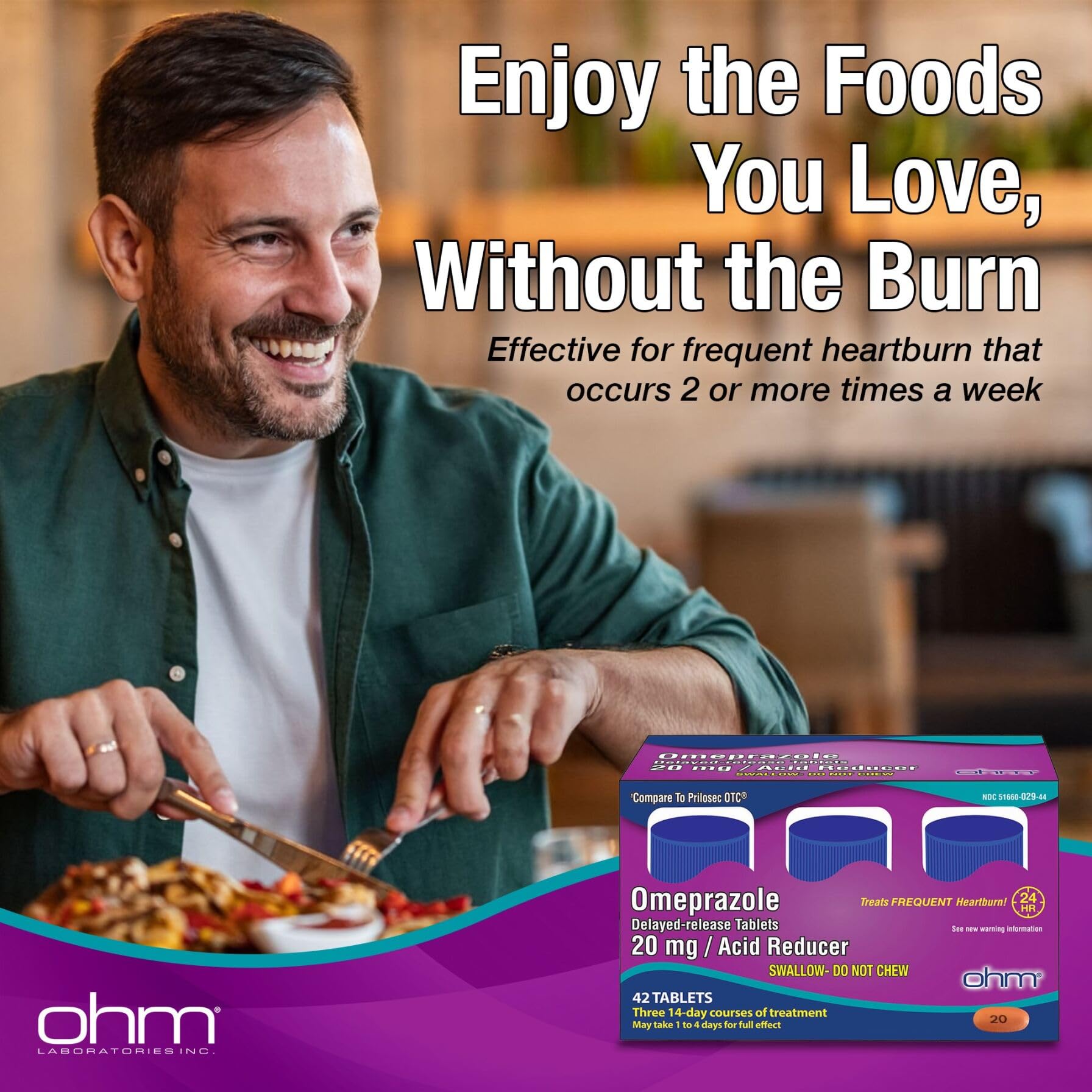 Ohm Omeprazole 20mg, 42 Delayed-Release Tablets, Acid Reducer for Frequent Heartburn, 24-Hour Relief Heartburn Medicine, Helps Relieve Stomach & Chest Discomfort (6 Weeks of Supply, 42, Count) - Maple Wellness Supplements