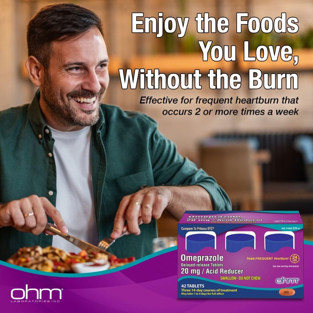 Ohm Omeprazole Delayed-Release Tablets, 20mg Acid Reducer, Treats Frequent Heartburn (12 Weeks of Supply, 84, Count) - Maple Wellness Supplements