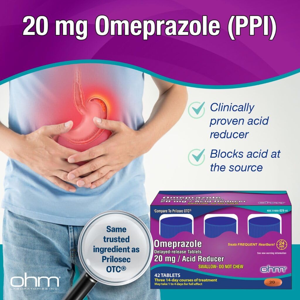 Ohm Omeprazole Delayed-Release Tablets, 20mg Acid Reducer, Treats Frequent Heartburn (12 Weeks of Supply, 84, Count) - Maple Wellness Supplements