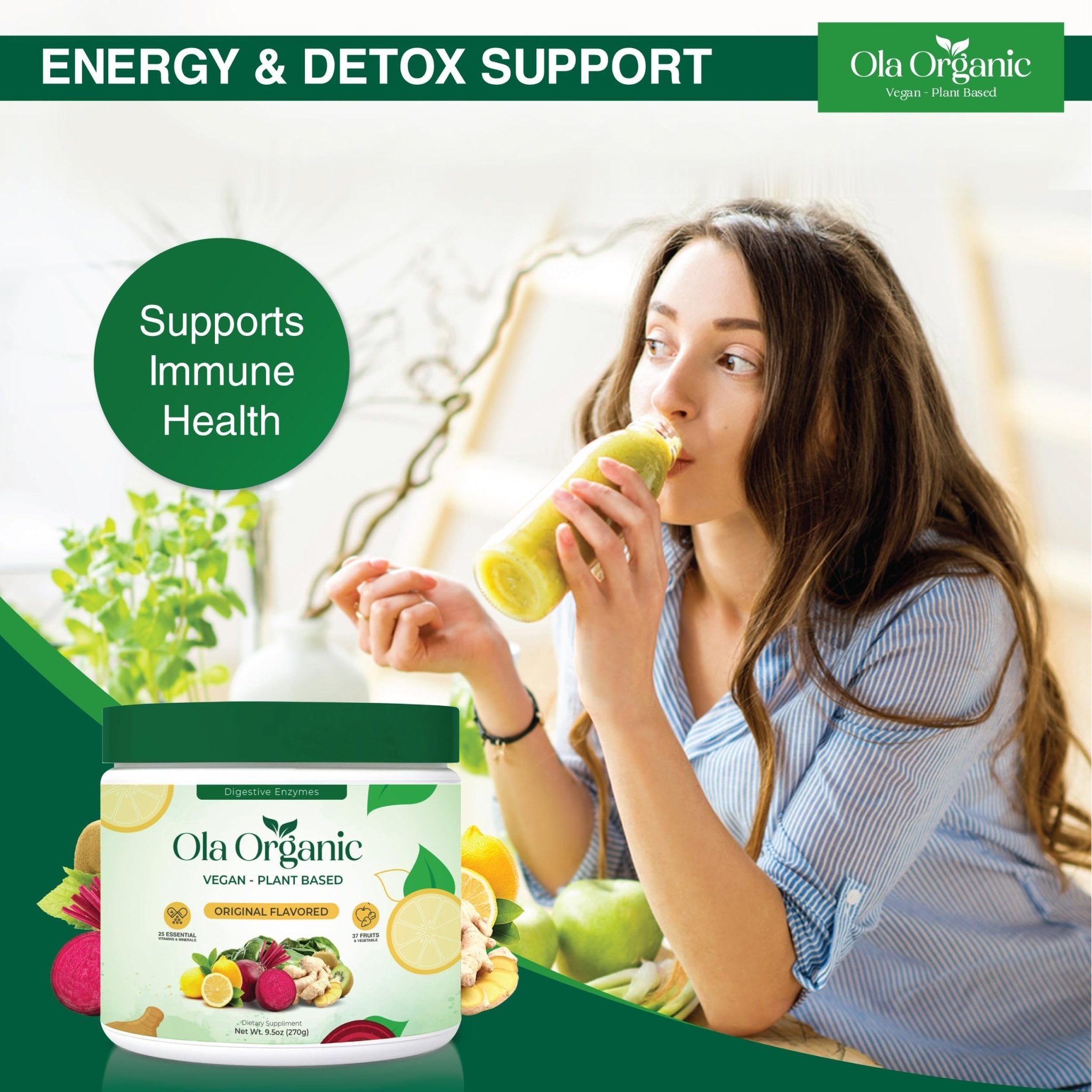 Ola Organic Greens Superfood Powder – Blend of 11 Cruciferous Vegetables with Phytonutrients – Supports Energy, & Immune Health Support – Non-GMO Vegetable Supplement (270g Jar) - TrustMedUSA