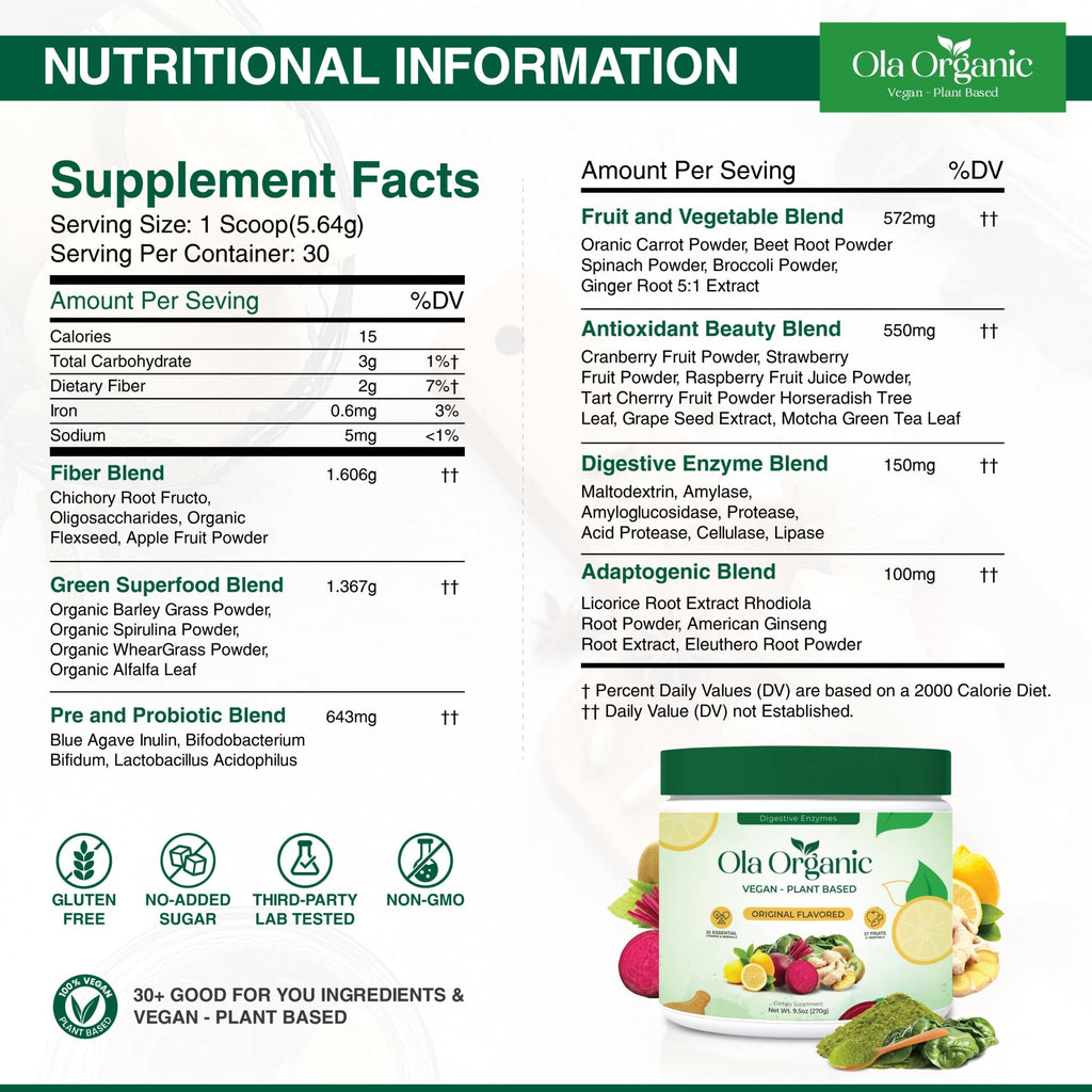 Ola Organic Greens Superfood Powder – Blend of 11 Cruciferous Vegetables with Phytonutrients – Supports Energy, & Immune Health Support – Non-GMO Vegetable Supplement (270g Jar) - TrustMedUSA