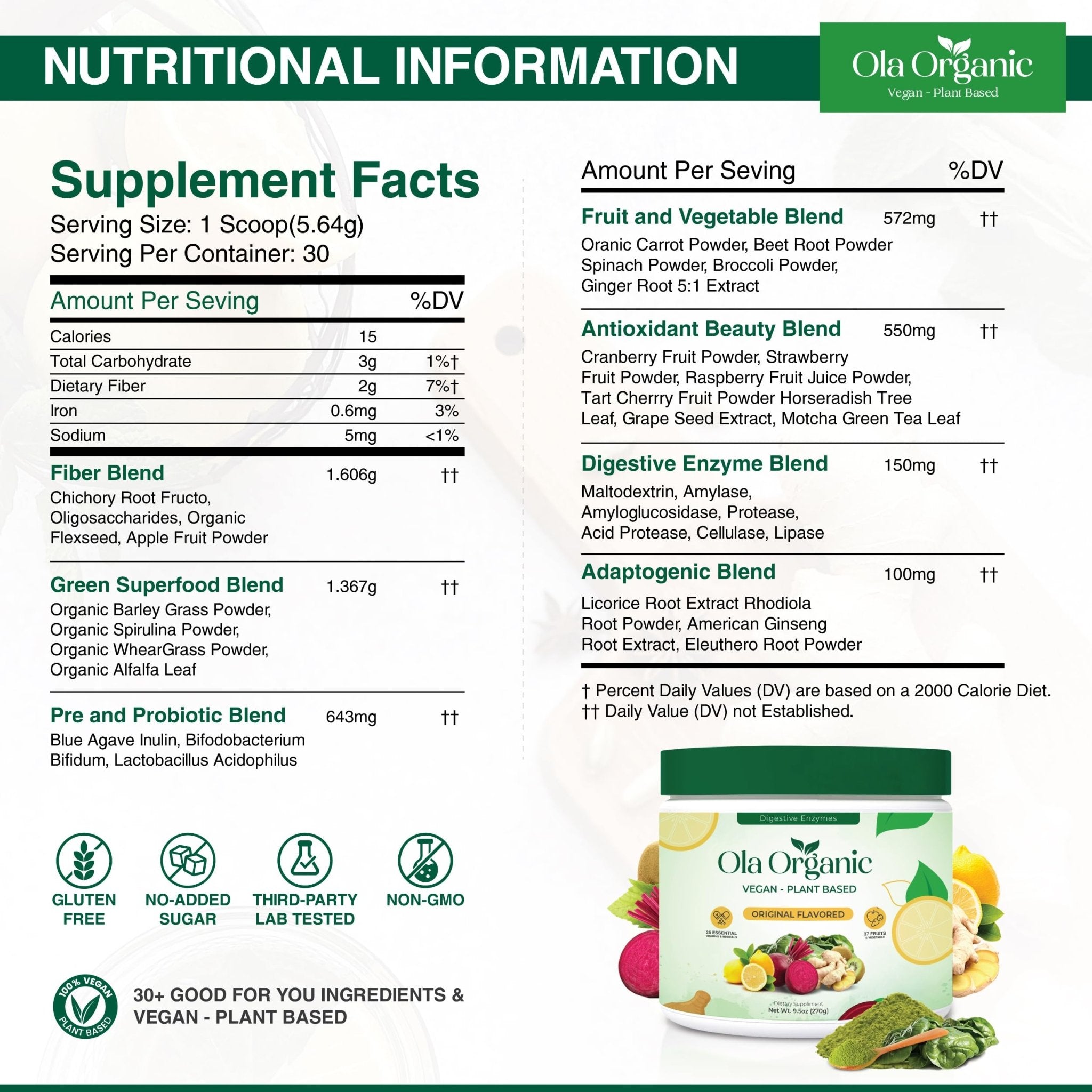 Ola Organic Greens Superfood Powder – Blend of 11 Cruciferous Vegetables with Phytonutrients – Supports Energy, & Immune Health Support – Non-GMO Vegetable Supplement (270g Jar) - TrustMedUSA